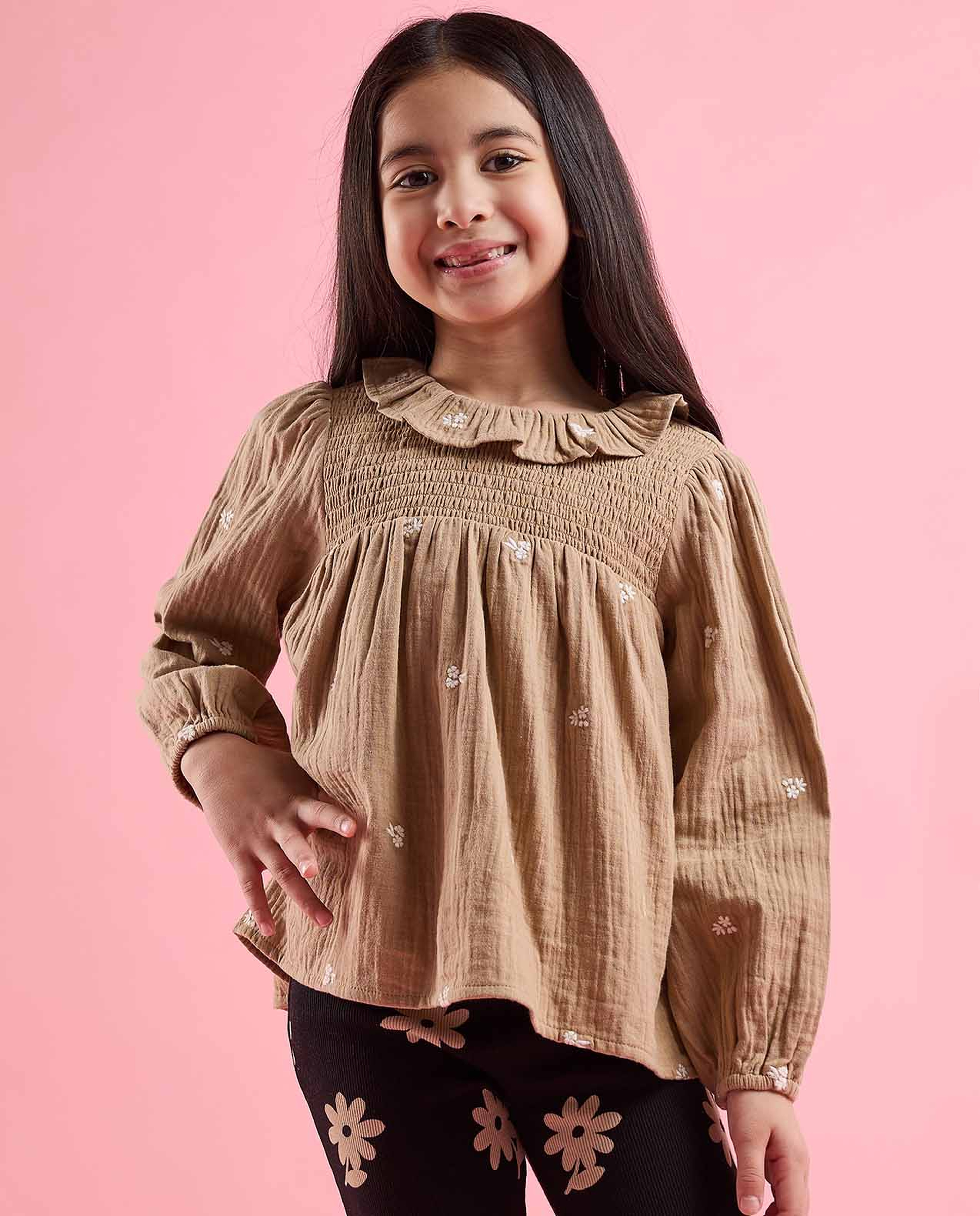 Plaid Top with Crew Neck and Bishop Sleeves