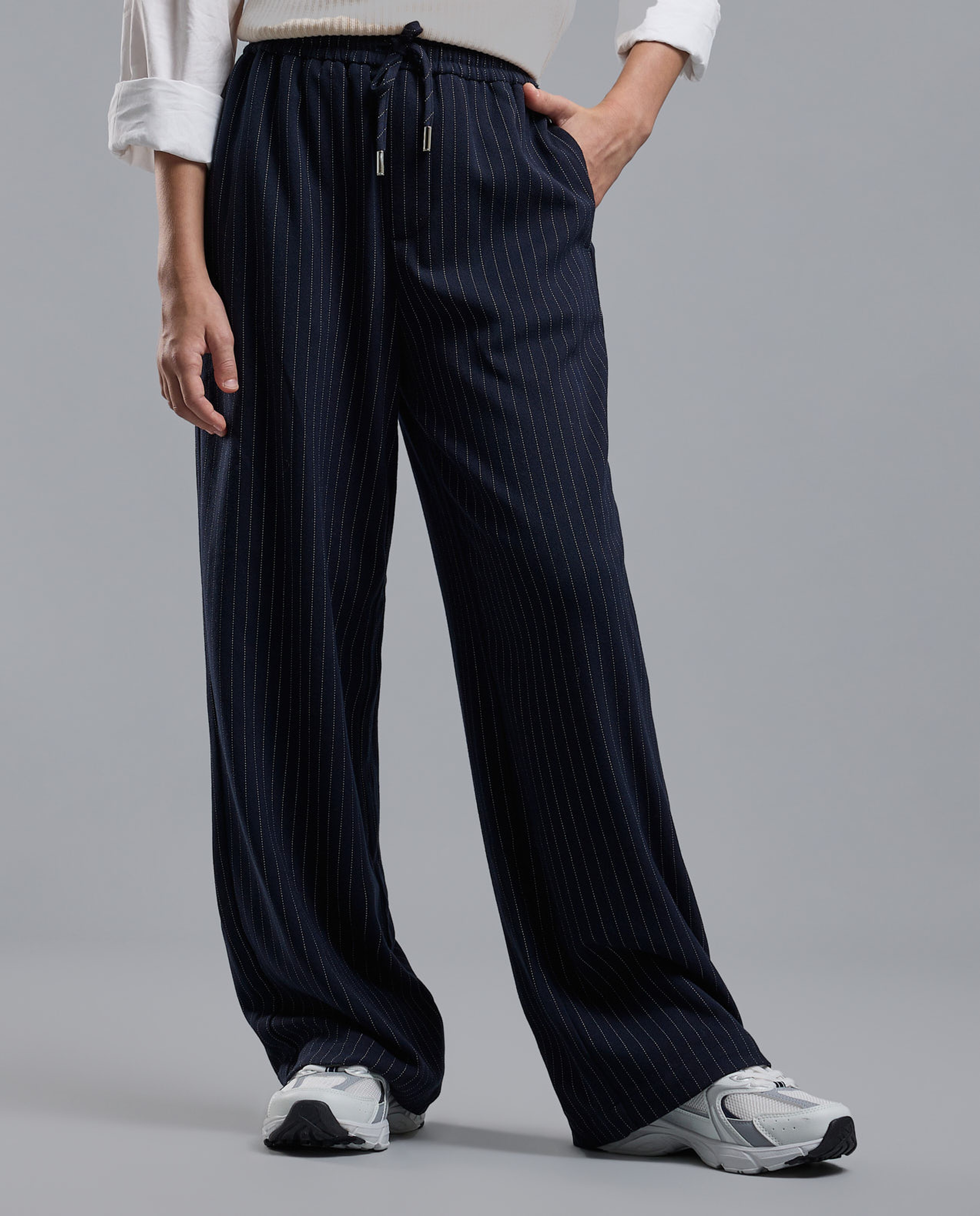 Striped Wide Leg Pants with Drawstring Waist