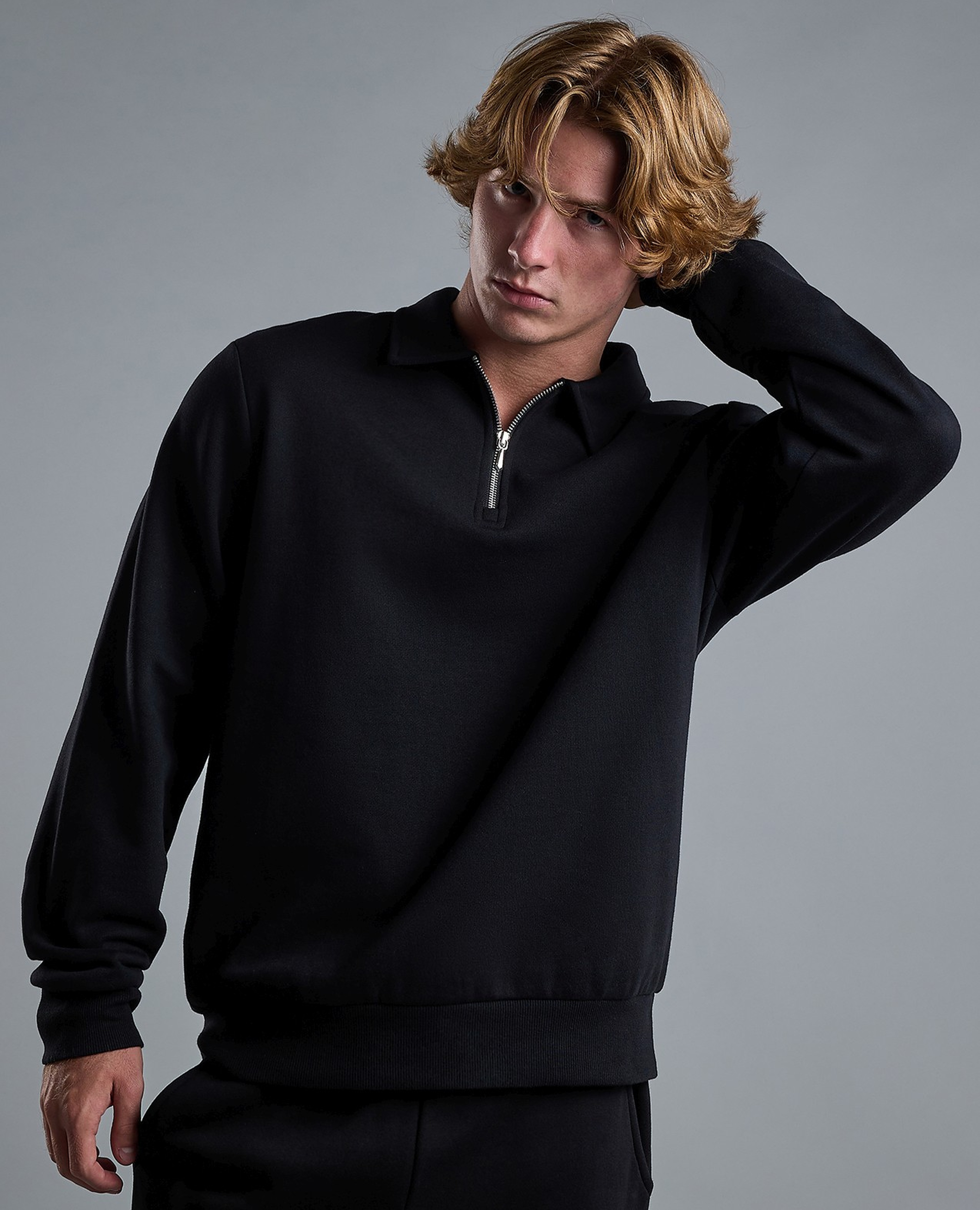 Solid Sweatshirt with Shirt Collar and Long Sleeves