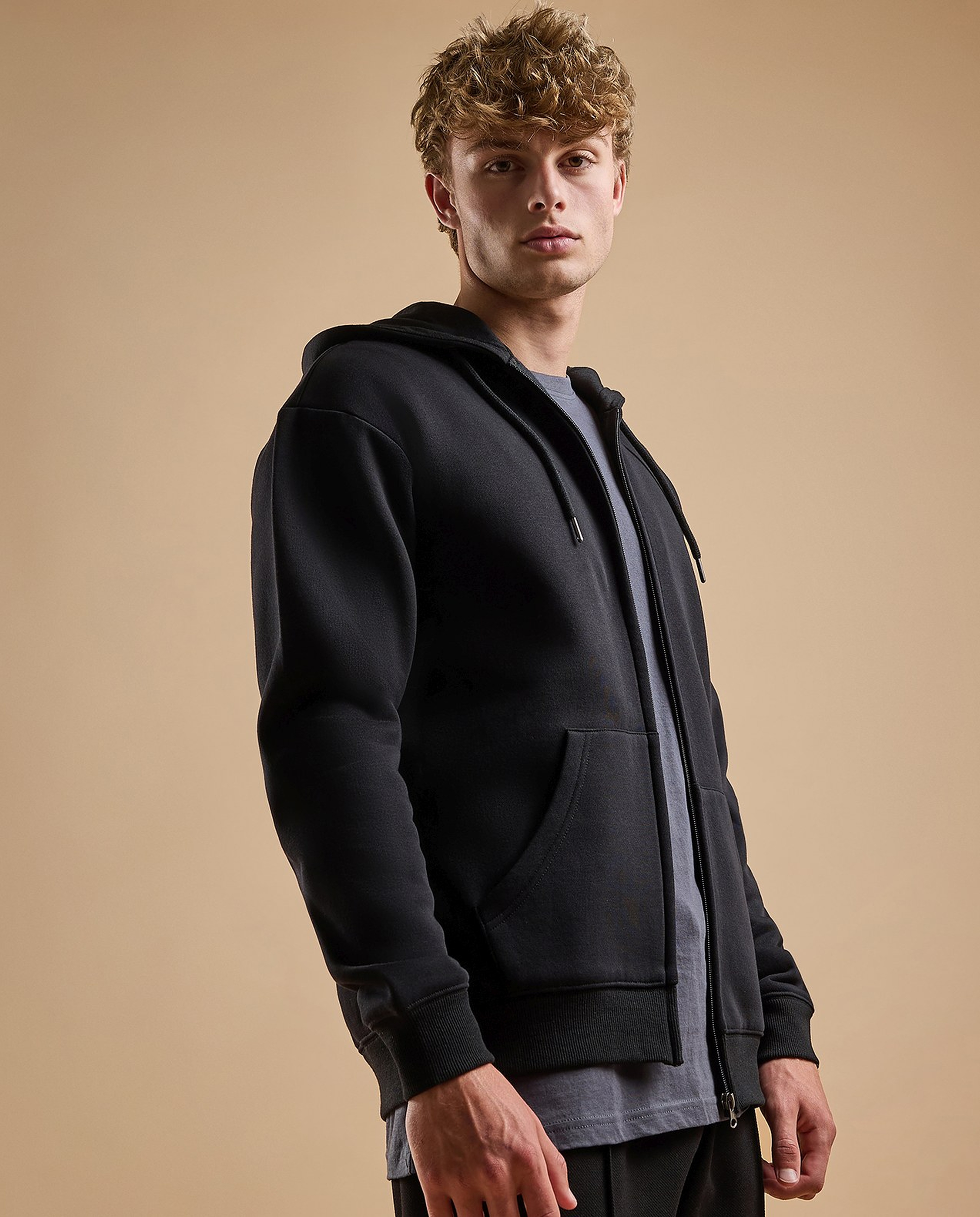 Solid Hooded Jacket with Zipper Closure