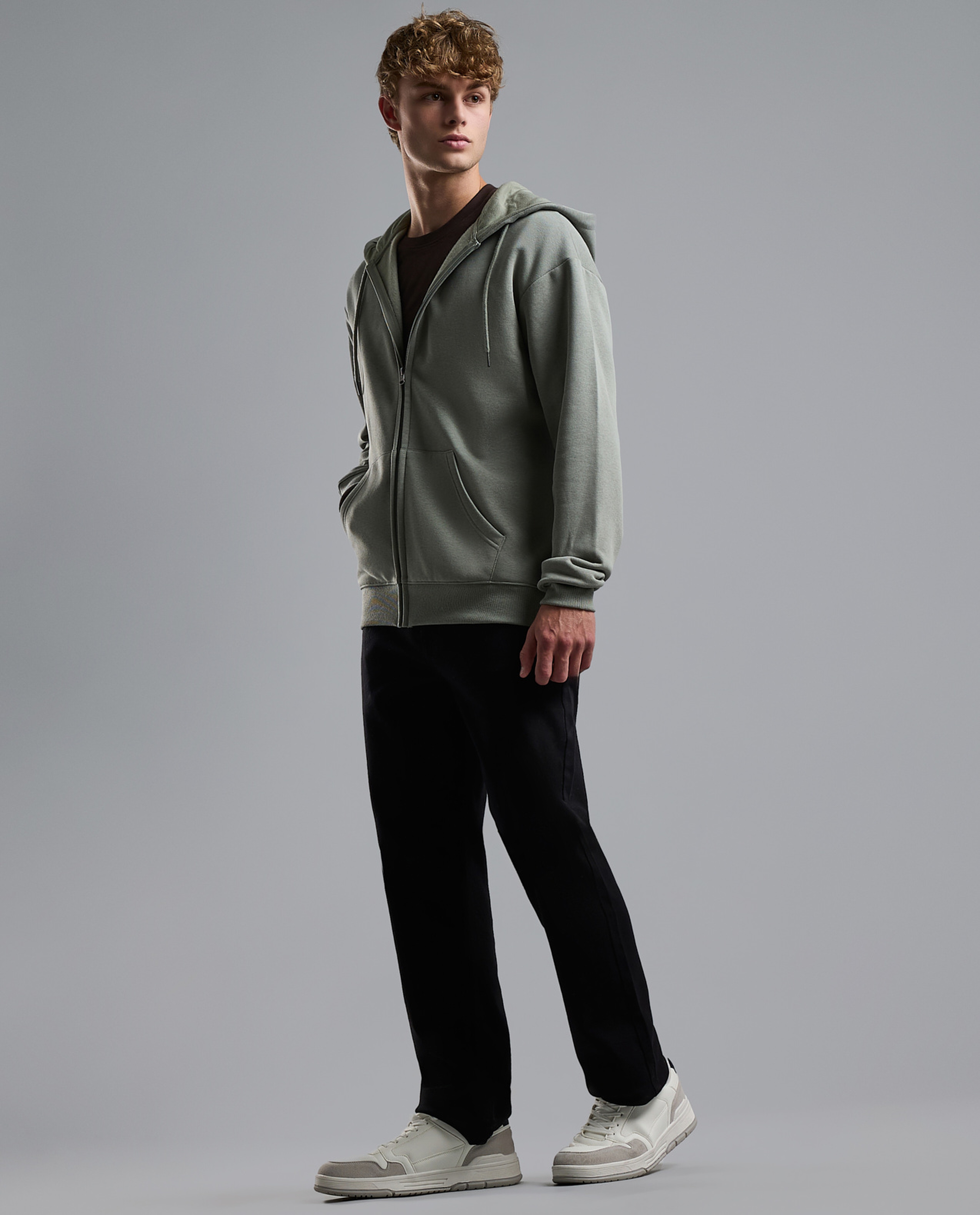 Solid Hooded Jacket with Zipper Closure