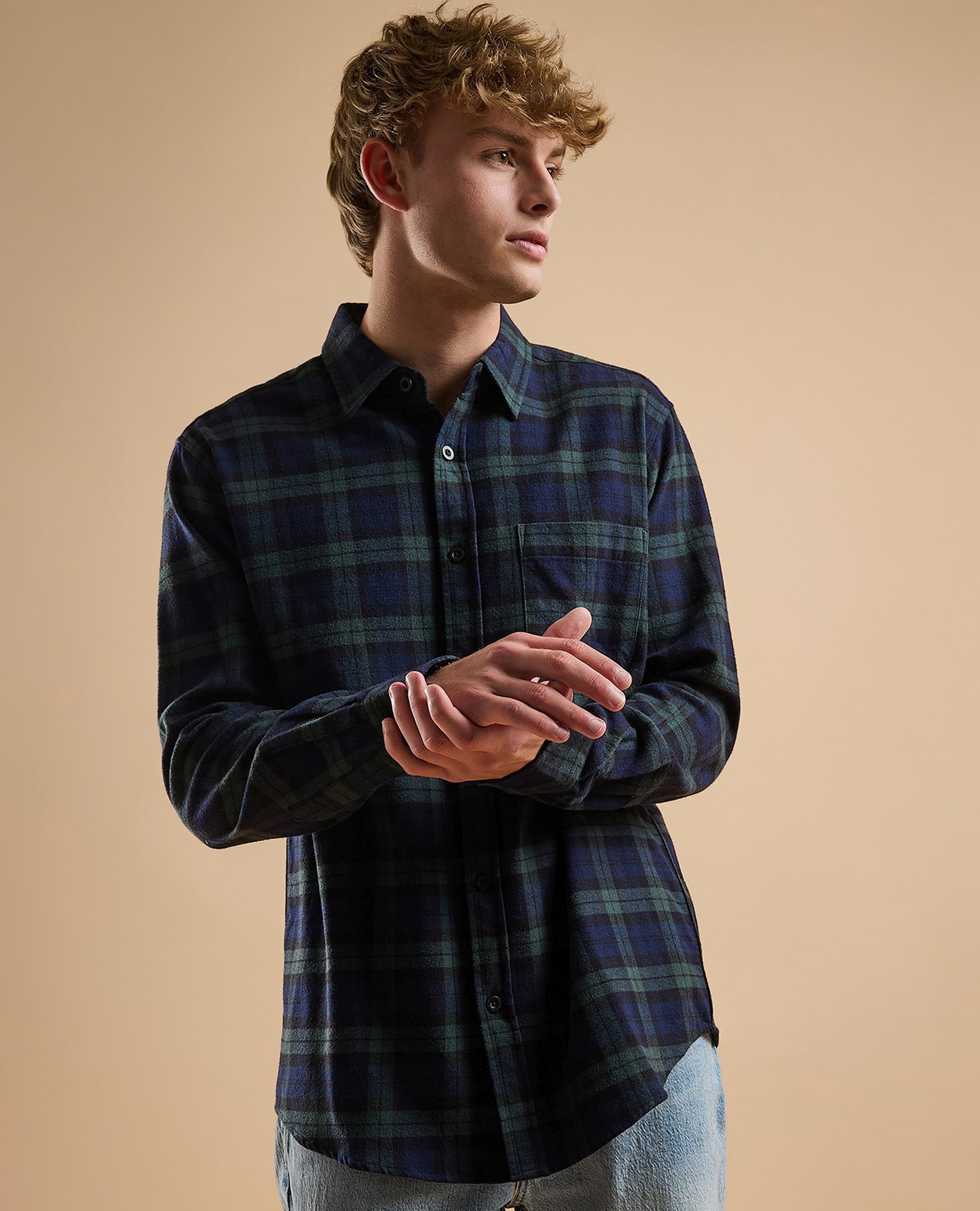 Plaid Shirt with Classic Collar and Long Sleeves
