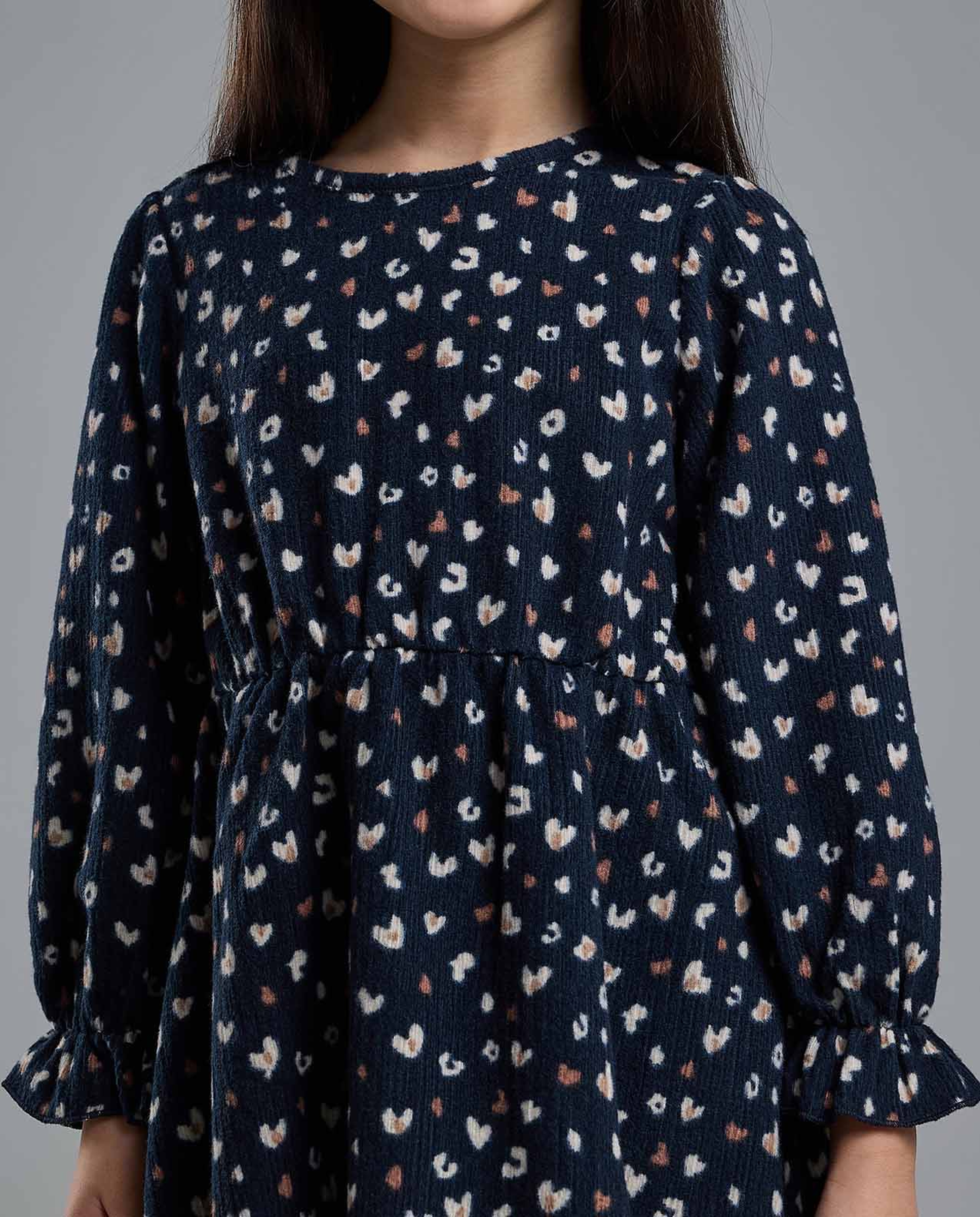 Printed Fit and Flare Dress with Long Sleeves