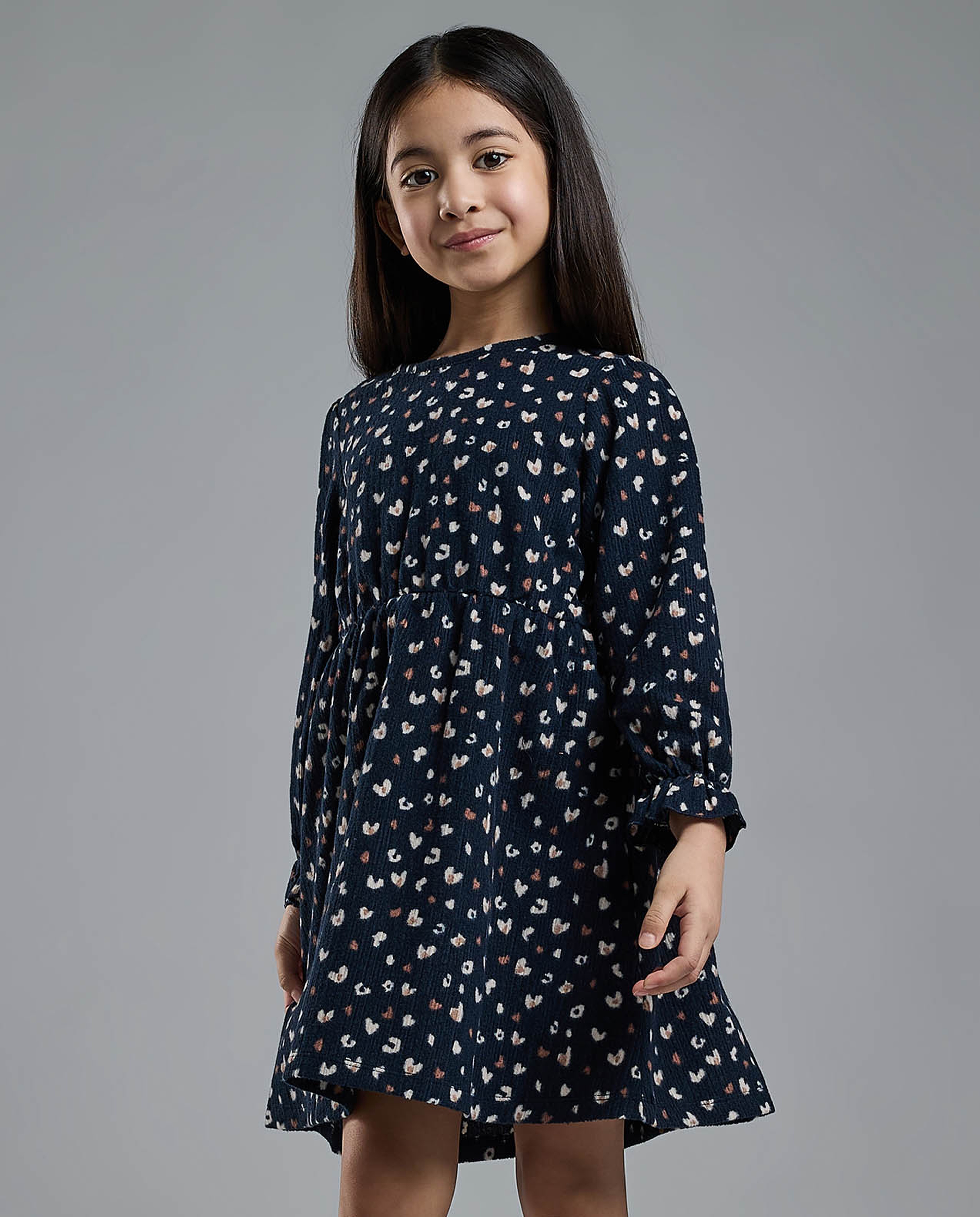 Printed Fit and Flare Dress with Long Sleeves