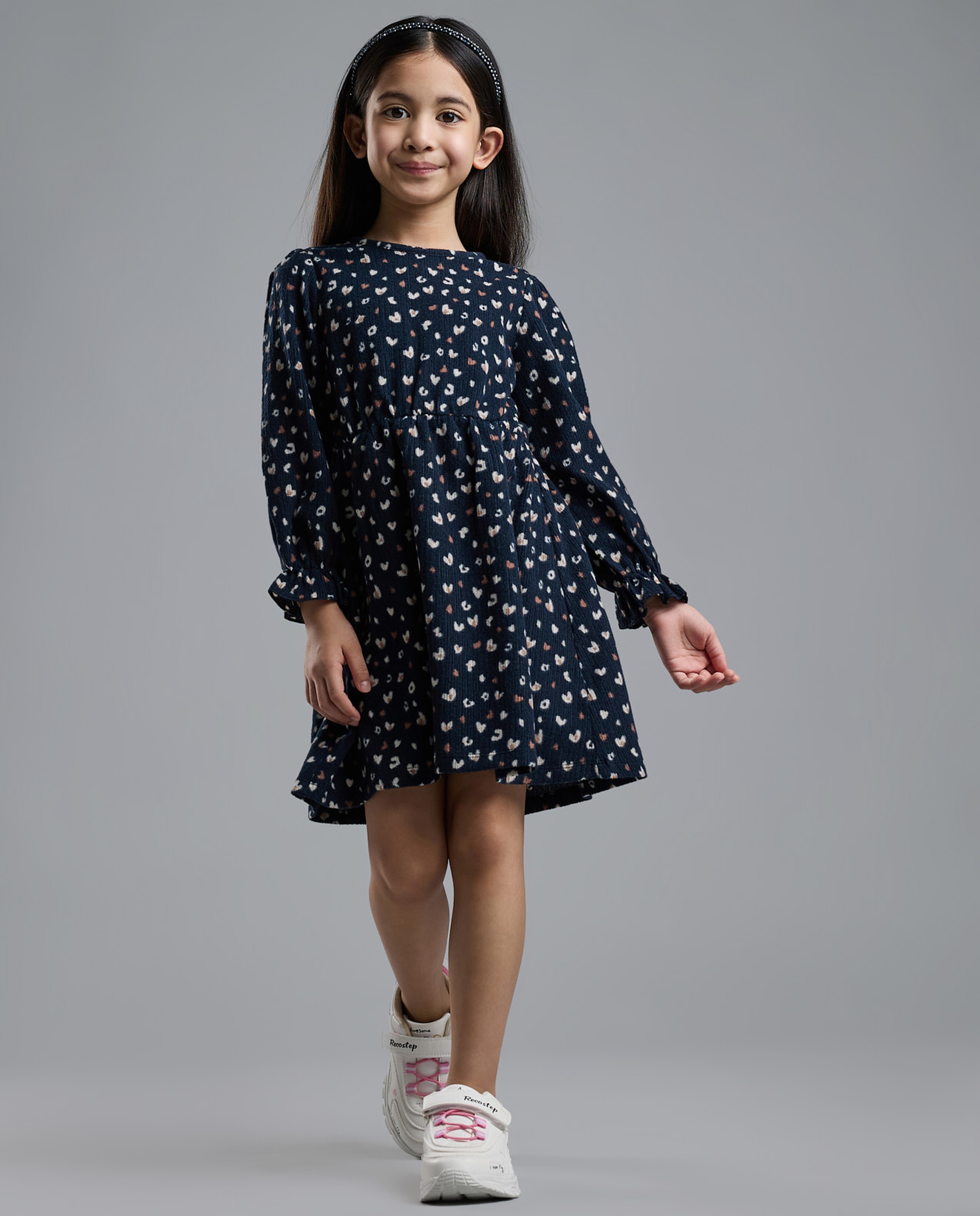 Printed Fit and Flare Dress with Long Sleeves