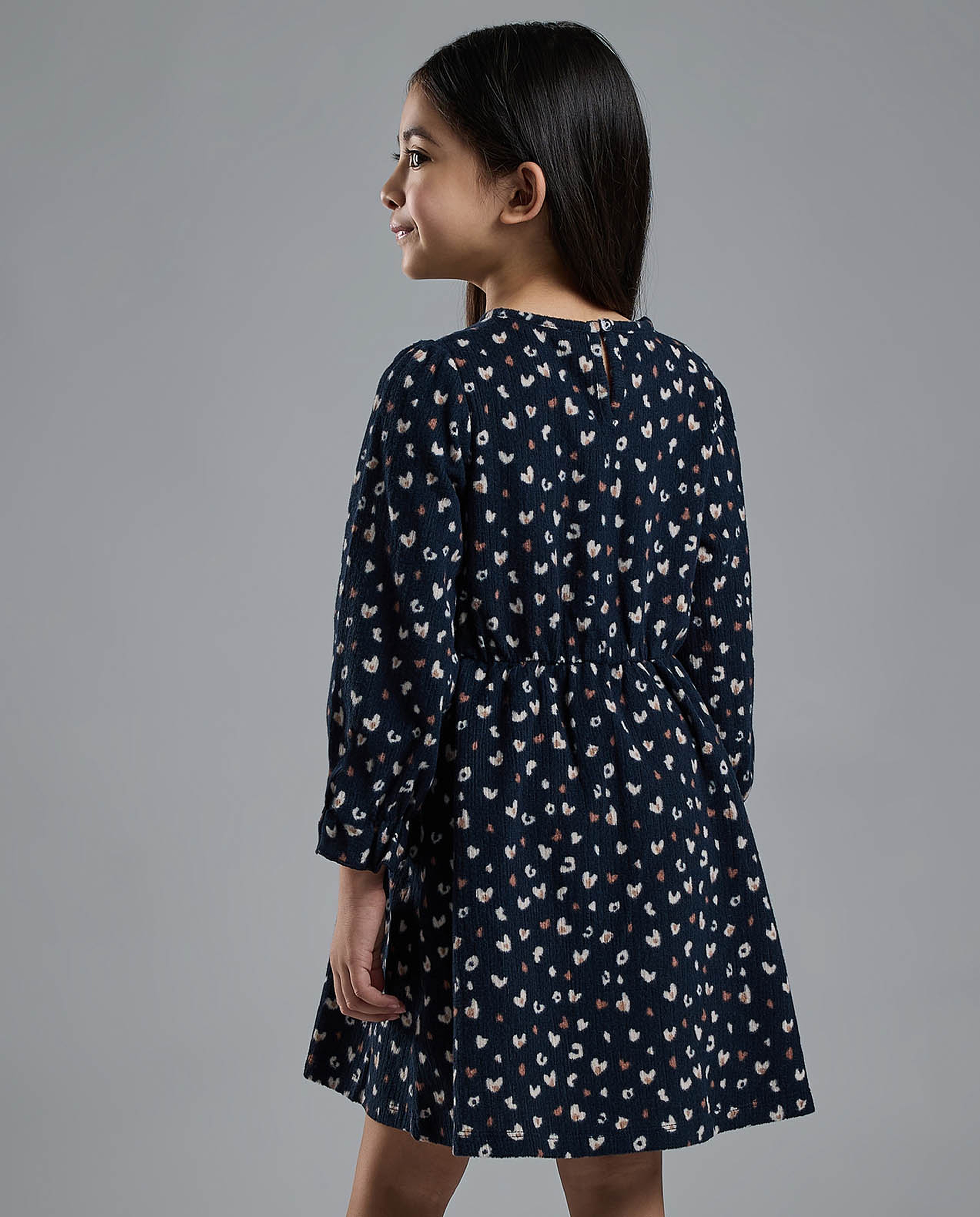 Printed Fit and Flare Dress with Long Sleeves
