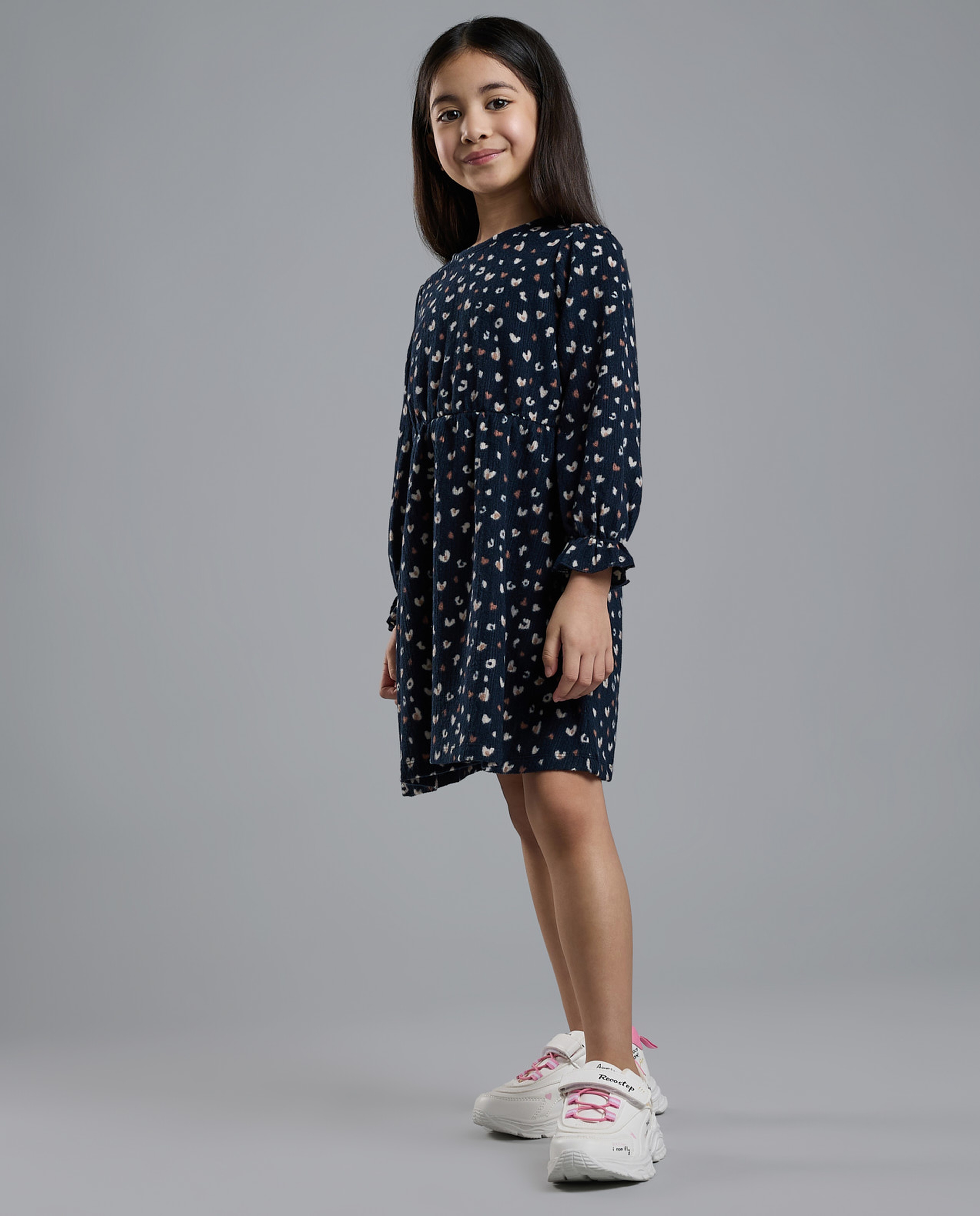 Printed Fit and Flare Dress with Long Sleeves