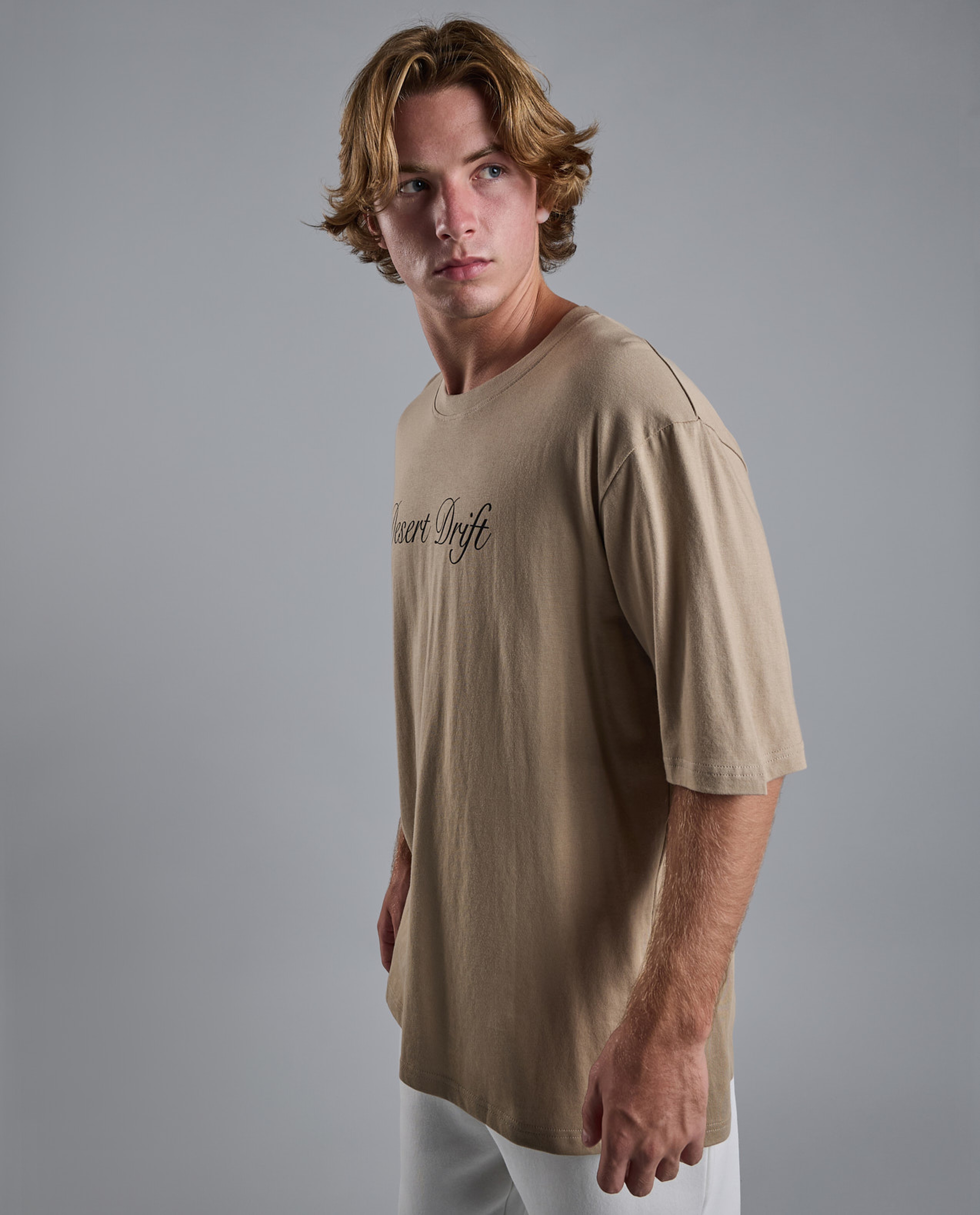 Typography Print T-Shirt with Crew Neck and Short Sleeves