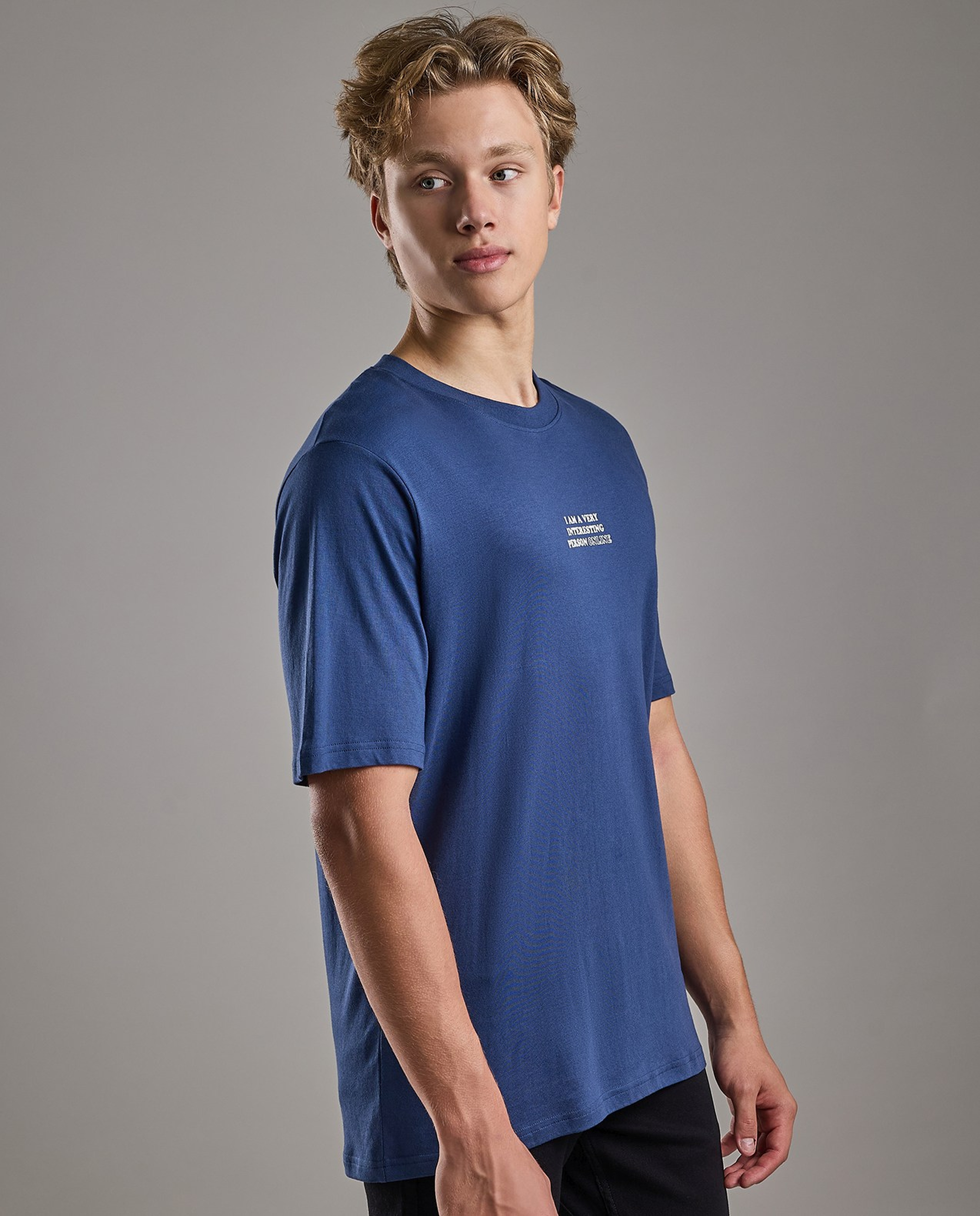 Typography Print T-Shirt with Crew Neck and Short Sleeves