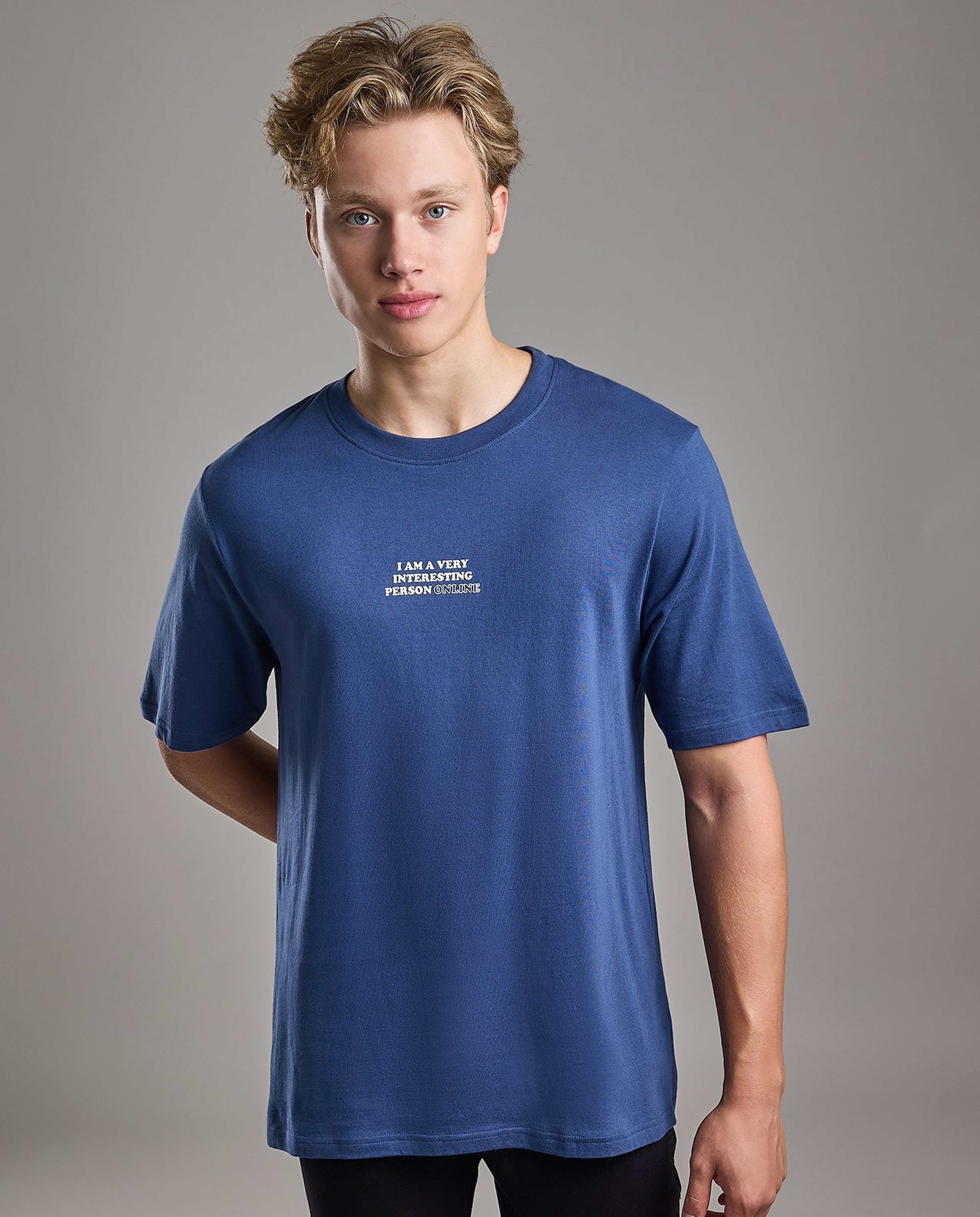 Typography Print T-Shirt with Crew Neck and Short Sleeves