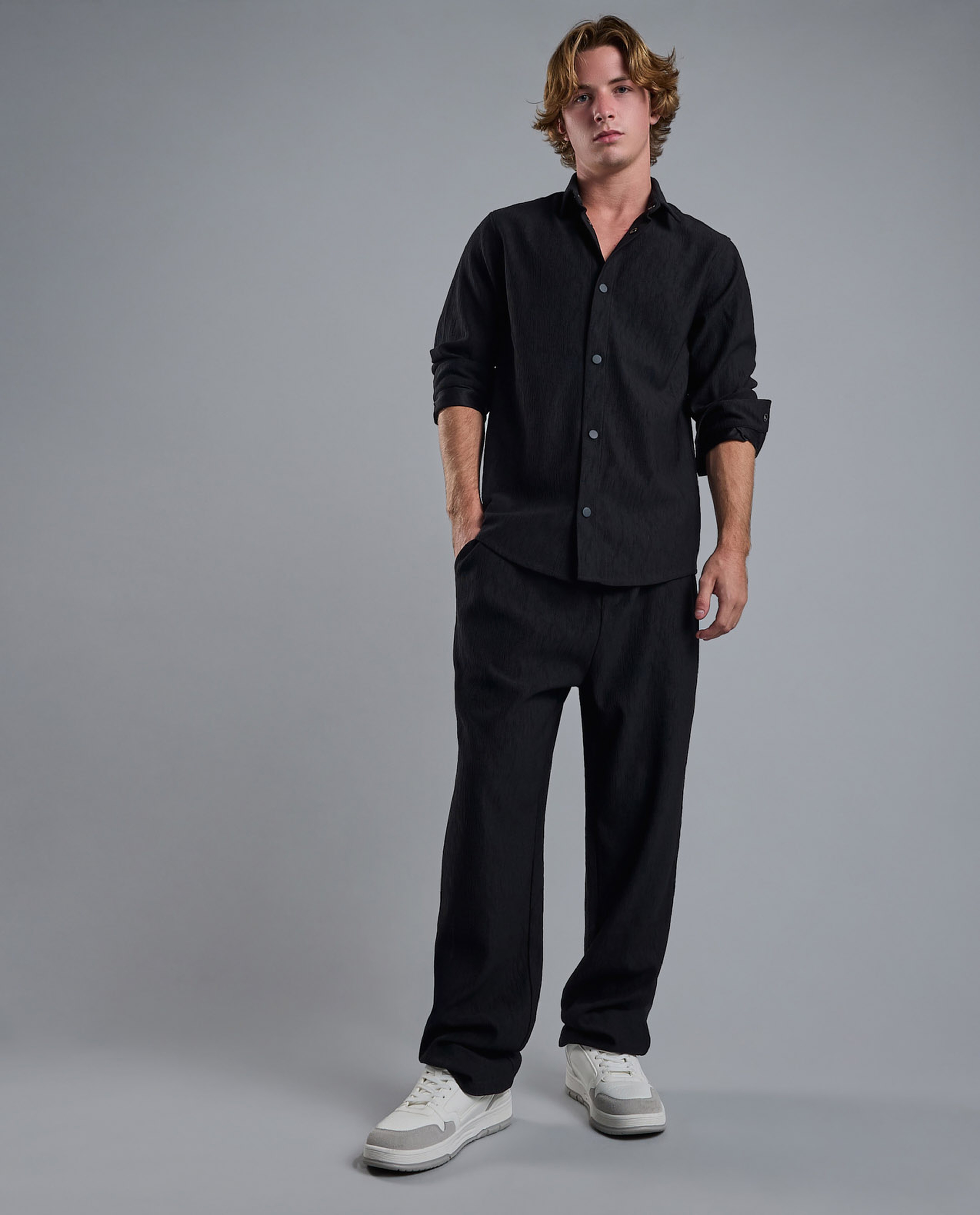 Textured Shirt with Classic Collar and Long Sleeves