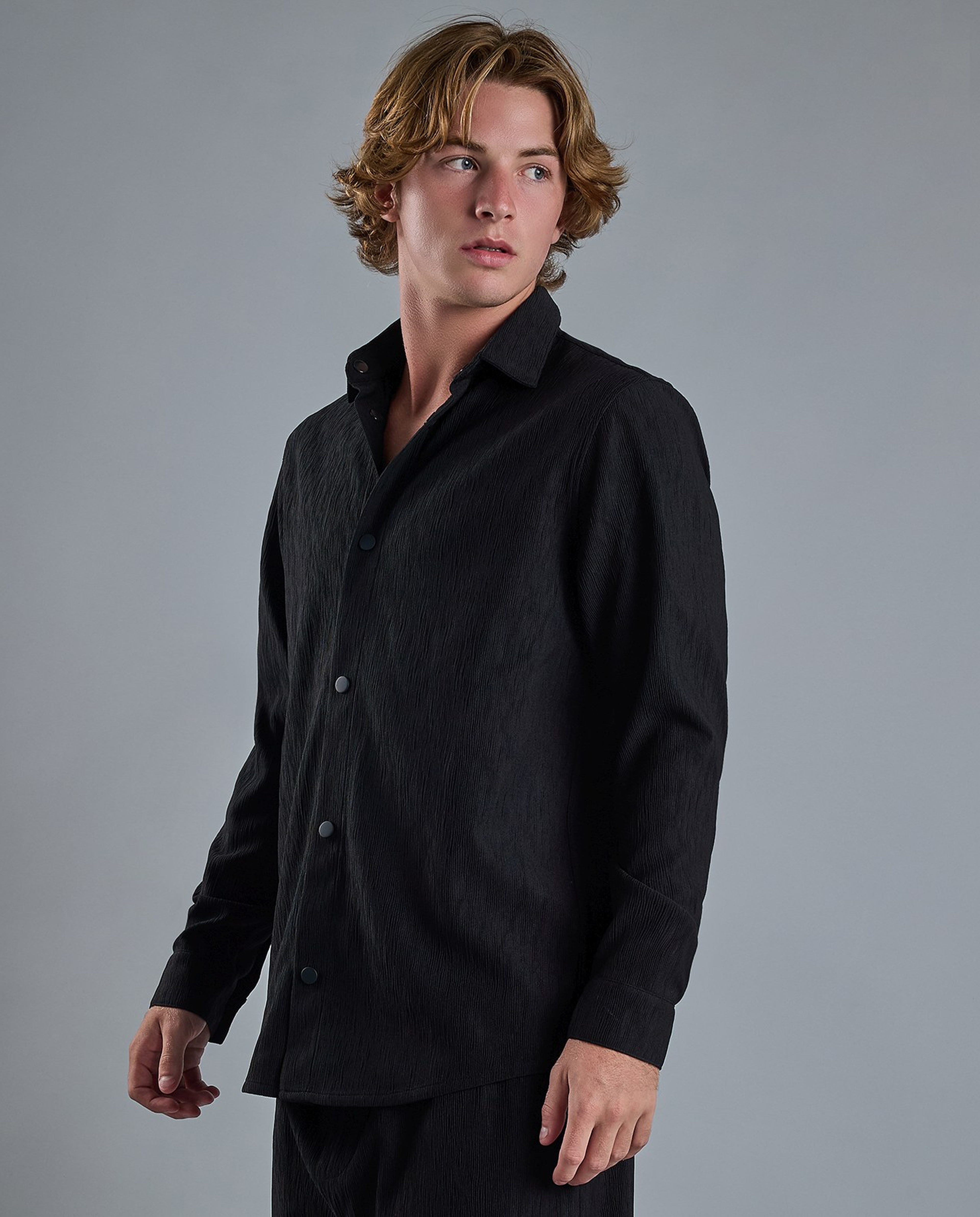 Textured Shirt with Classic Collar and Long Sleeves