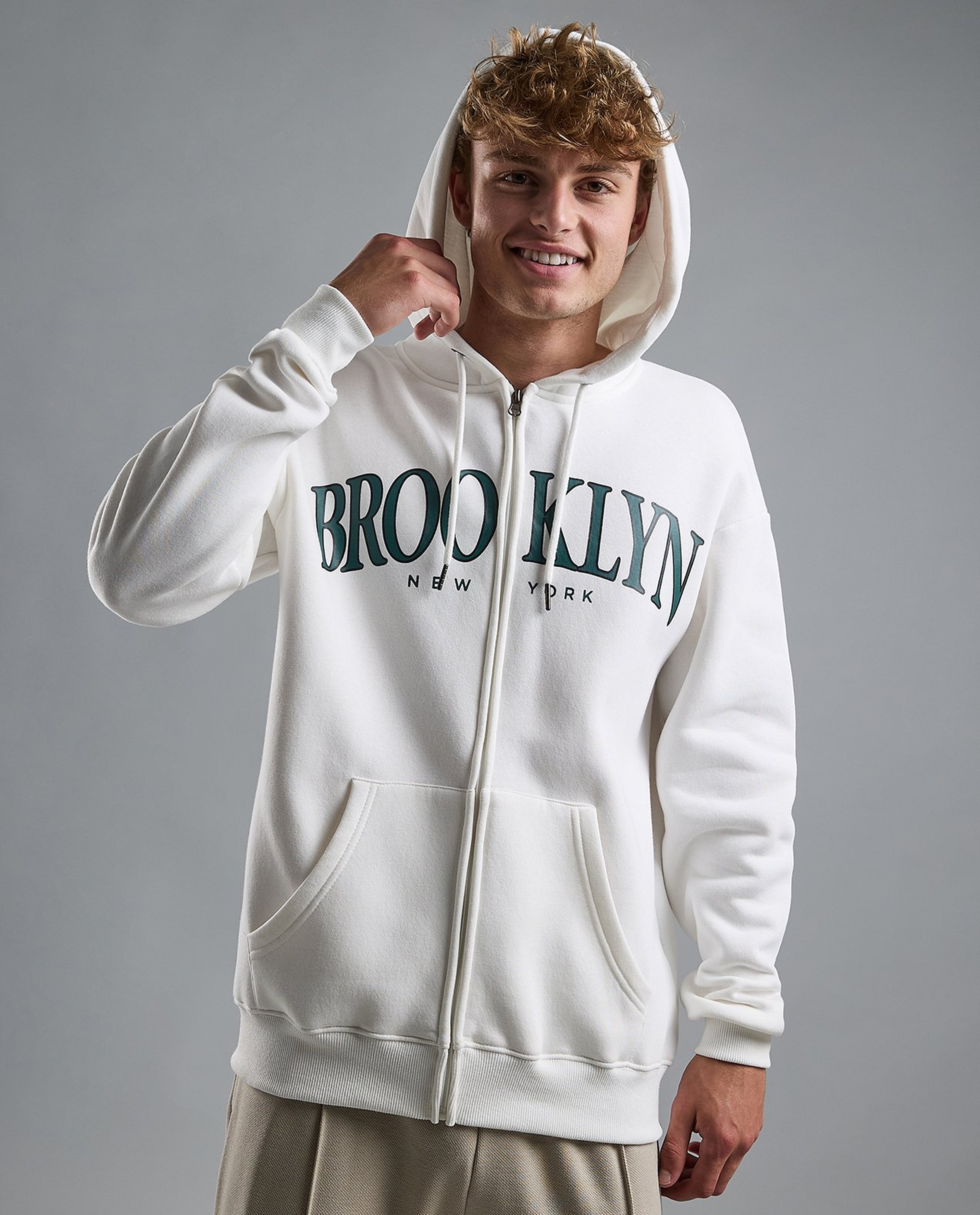 Typography Print Hooded Jacket with Zipper Closure