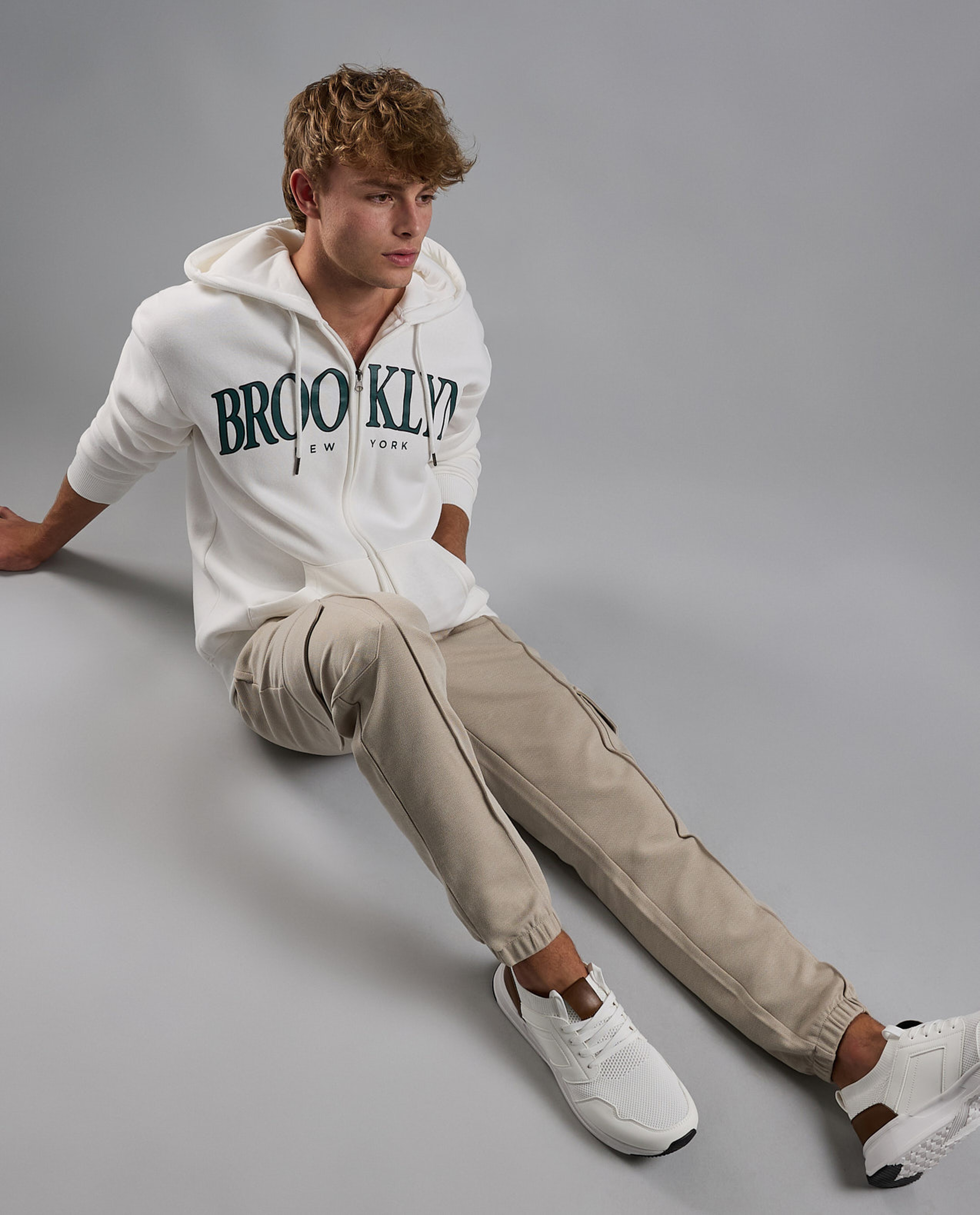 Typography Print Hooded Jacket with Zipper Closure