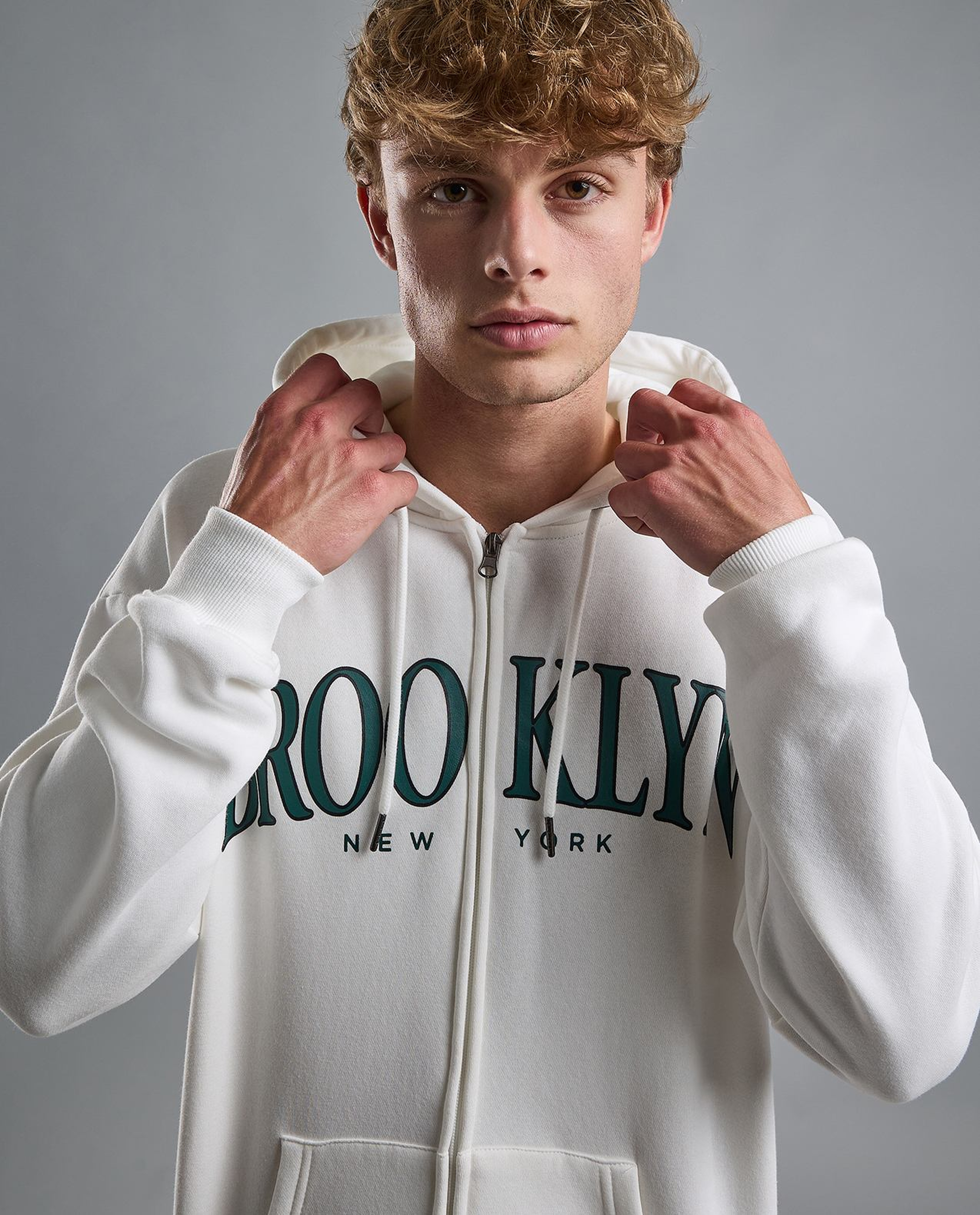 Typography Print Hooded Jacket with Zipper Closure