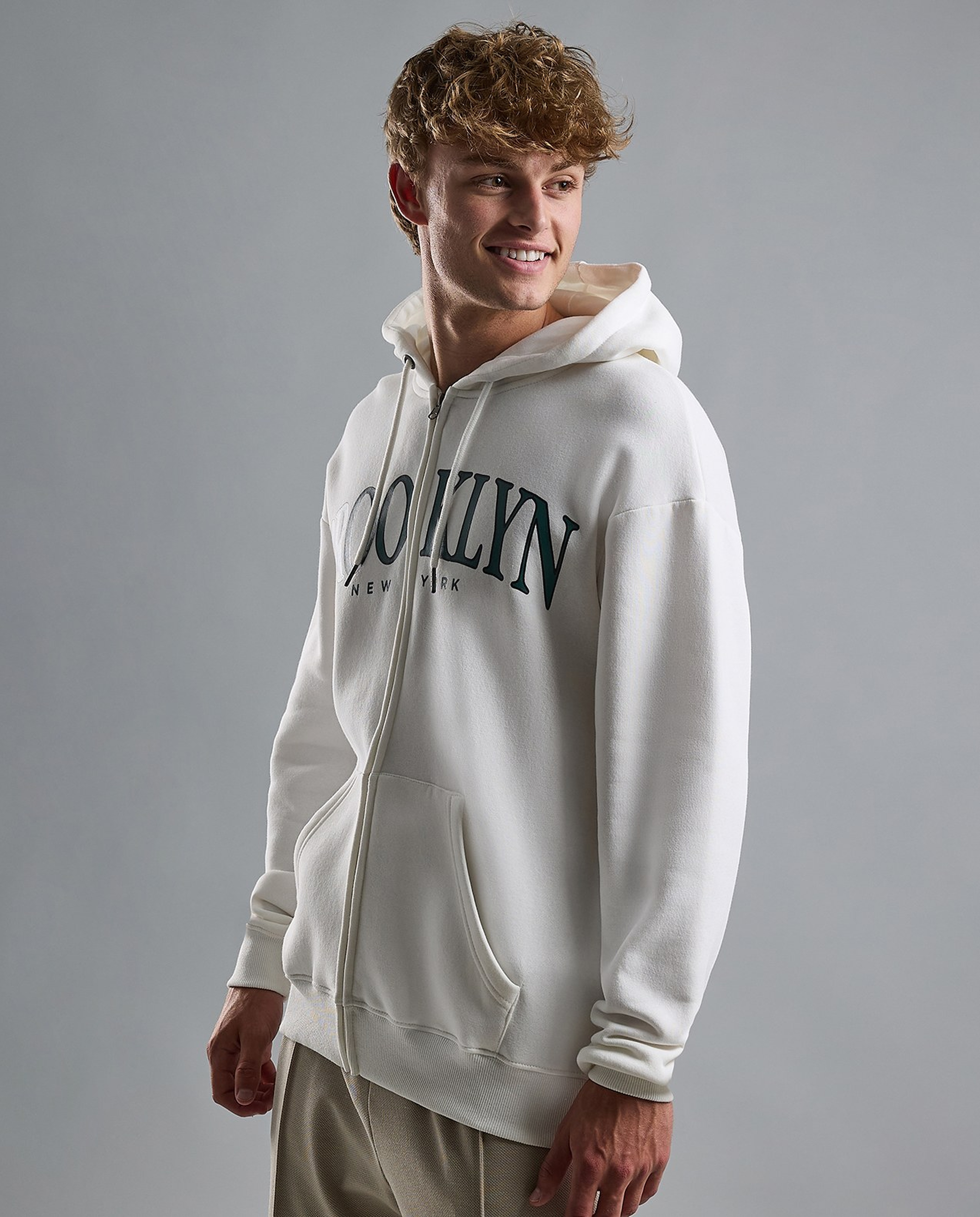 Typography Print Hooded Jacket with Zipper Closure