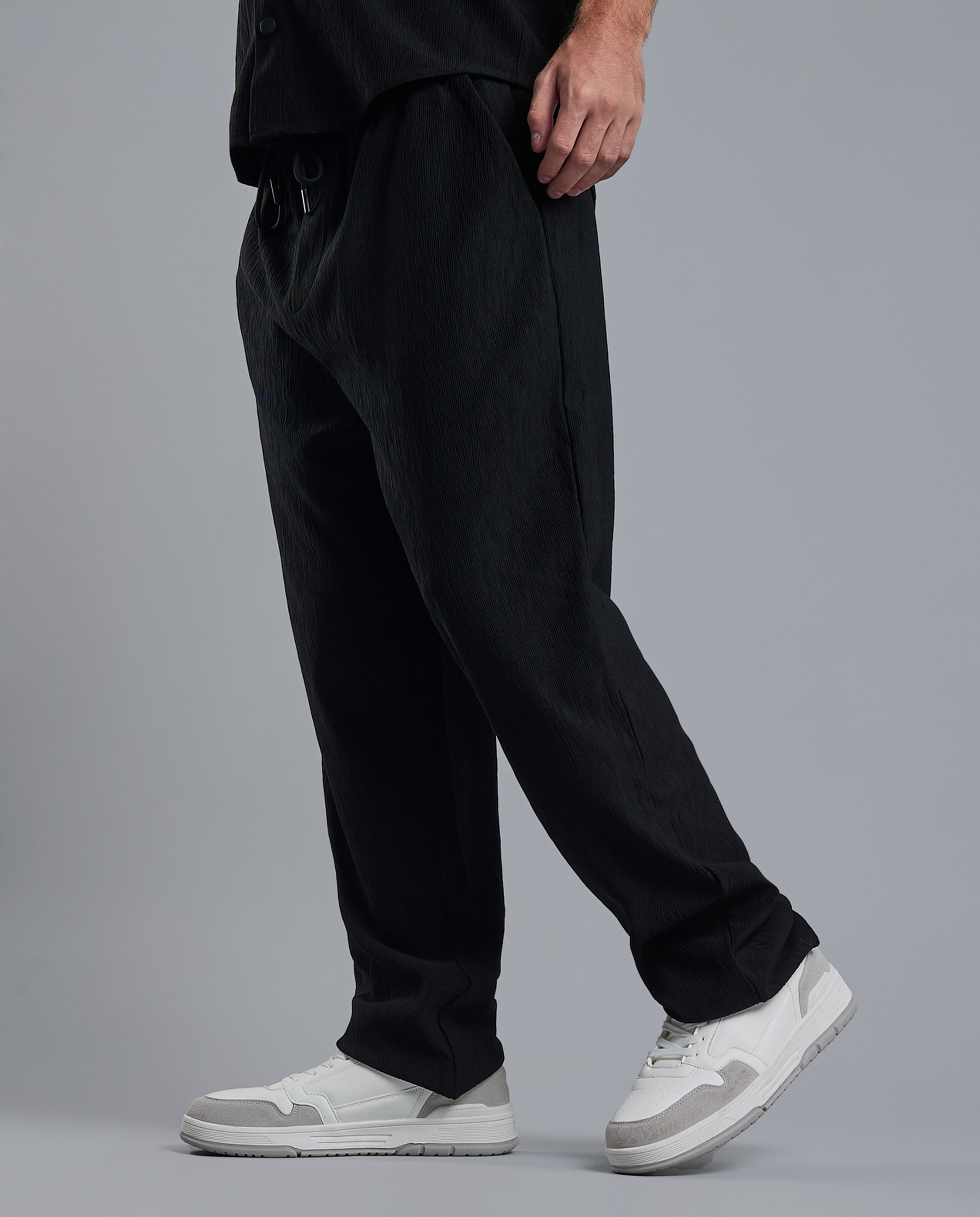 Textured Loose Fit Pants with Drawstring Waist