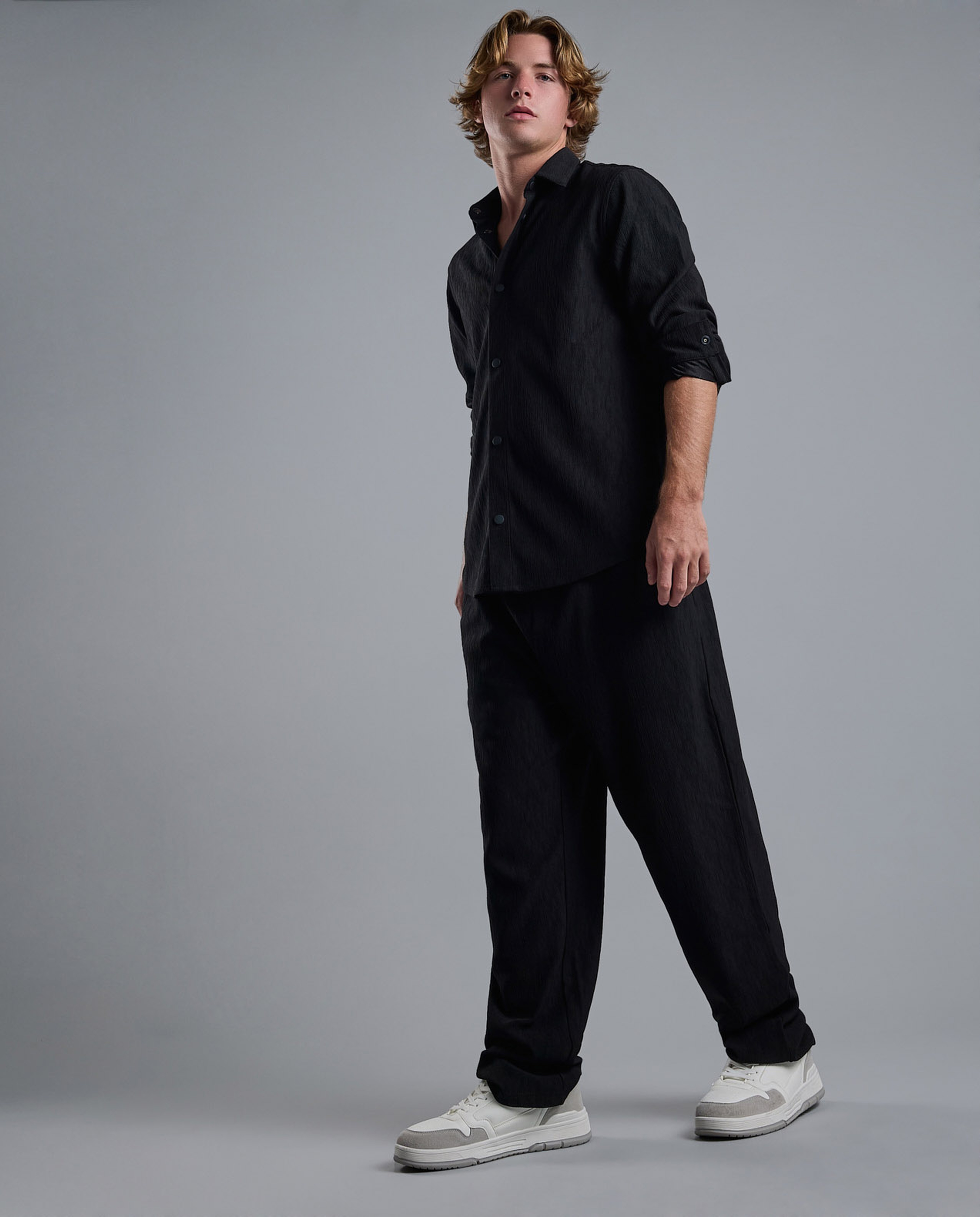 Textured Loose Fit Pants with Drawstring Waist