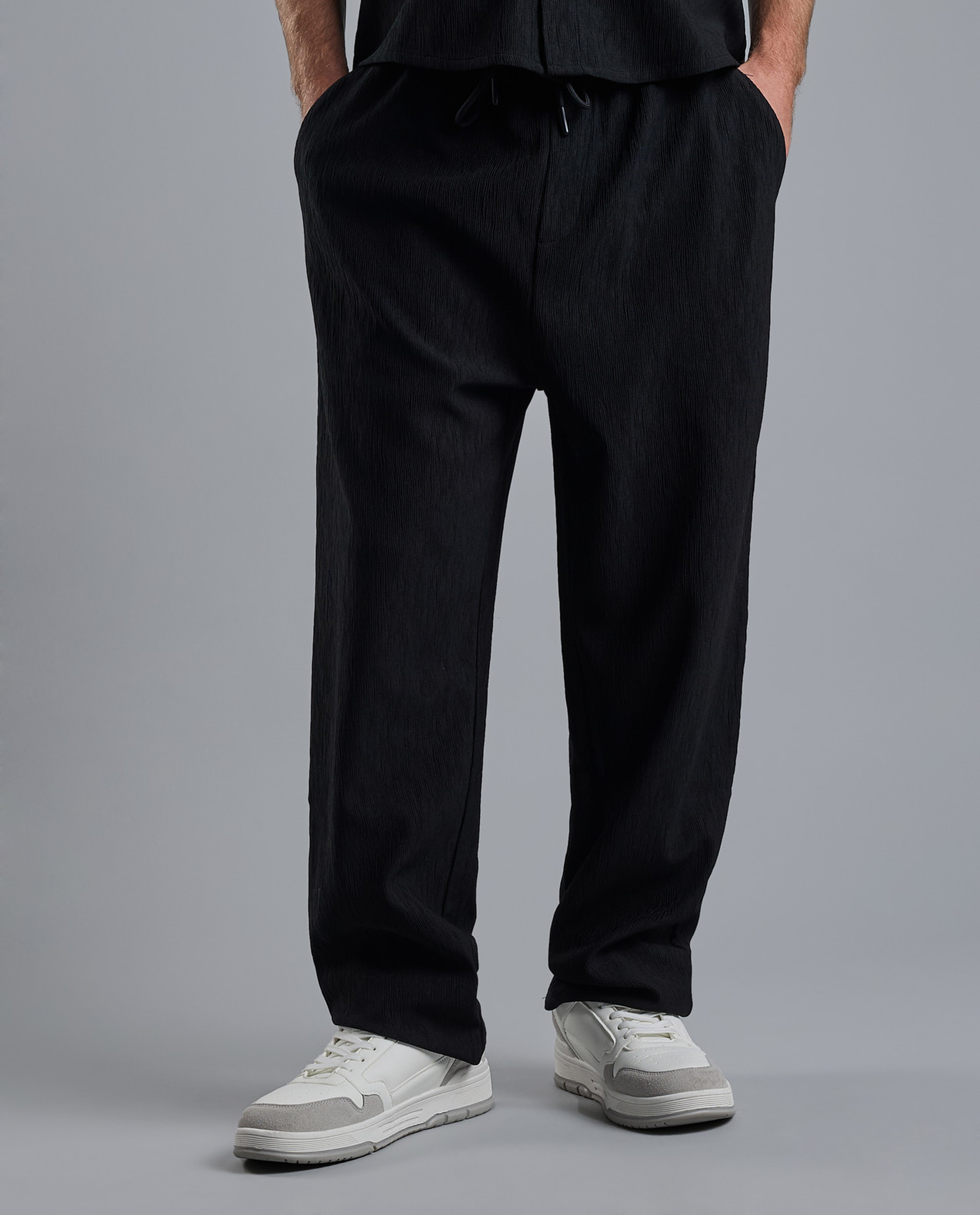 Textured Loose Fit Pants with Drawstring Waist