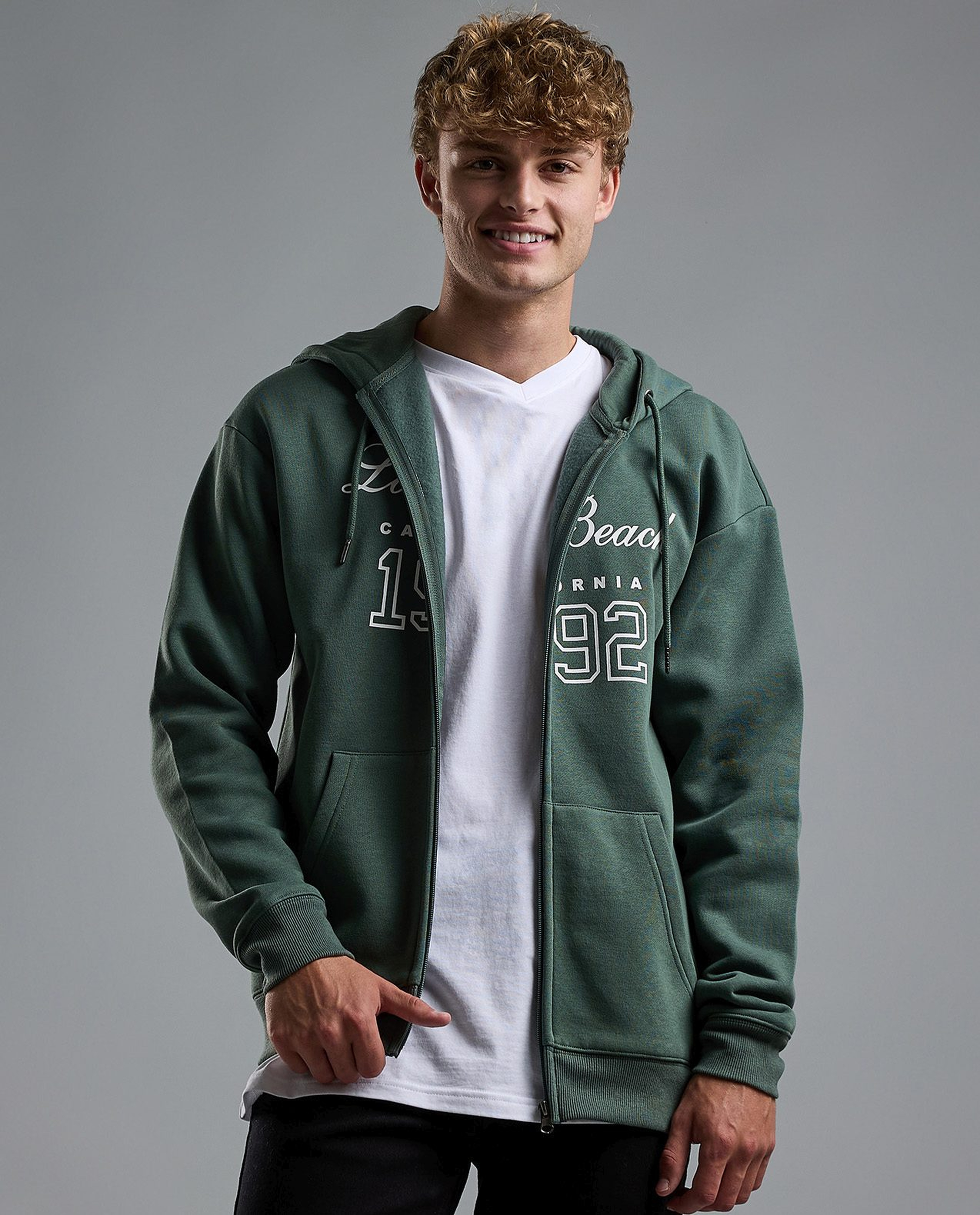 Typography Print Hooded Jacket with Zipper Closure