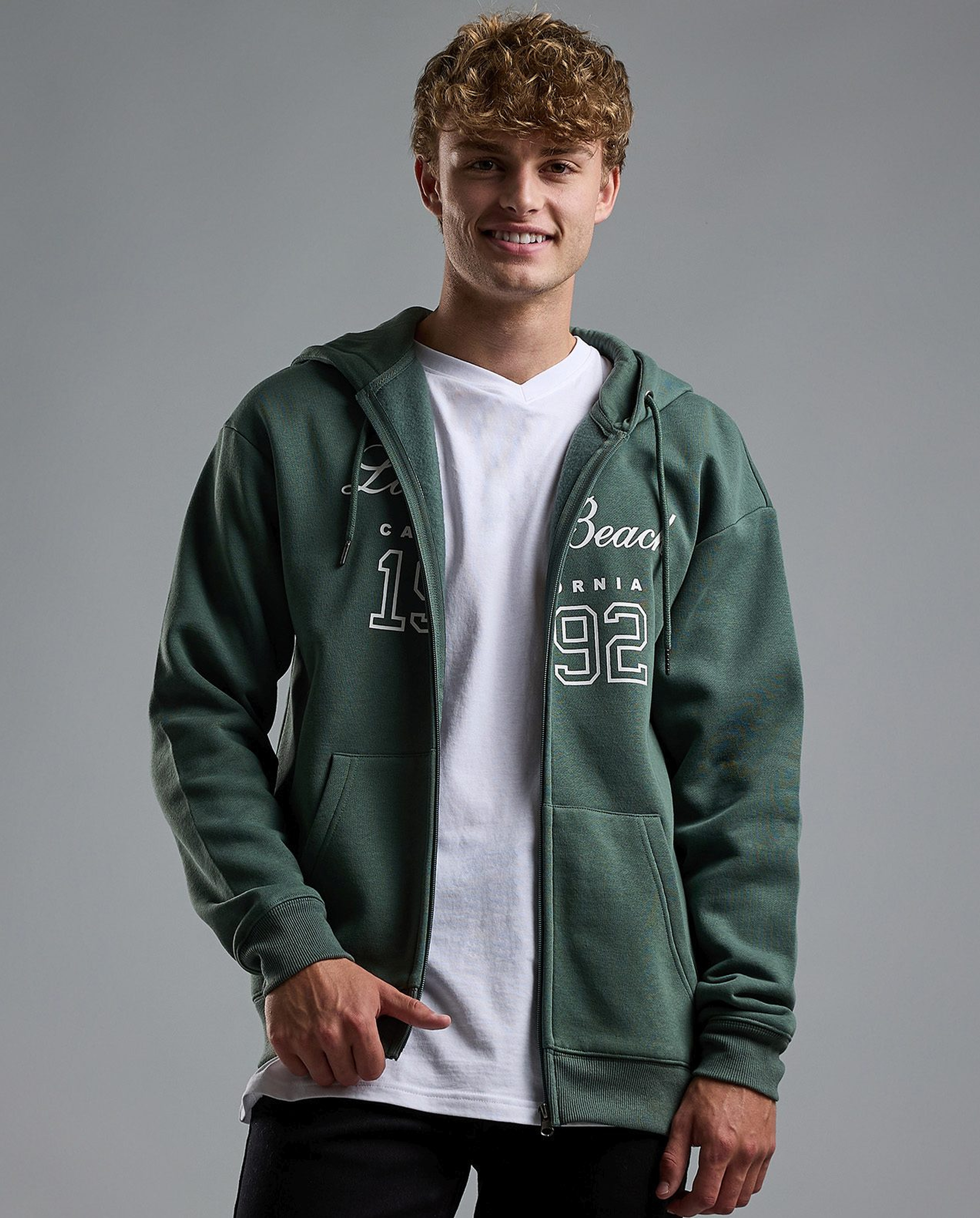 Typography Print Hooded Jacket with Zipper Closure