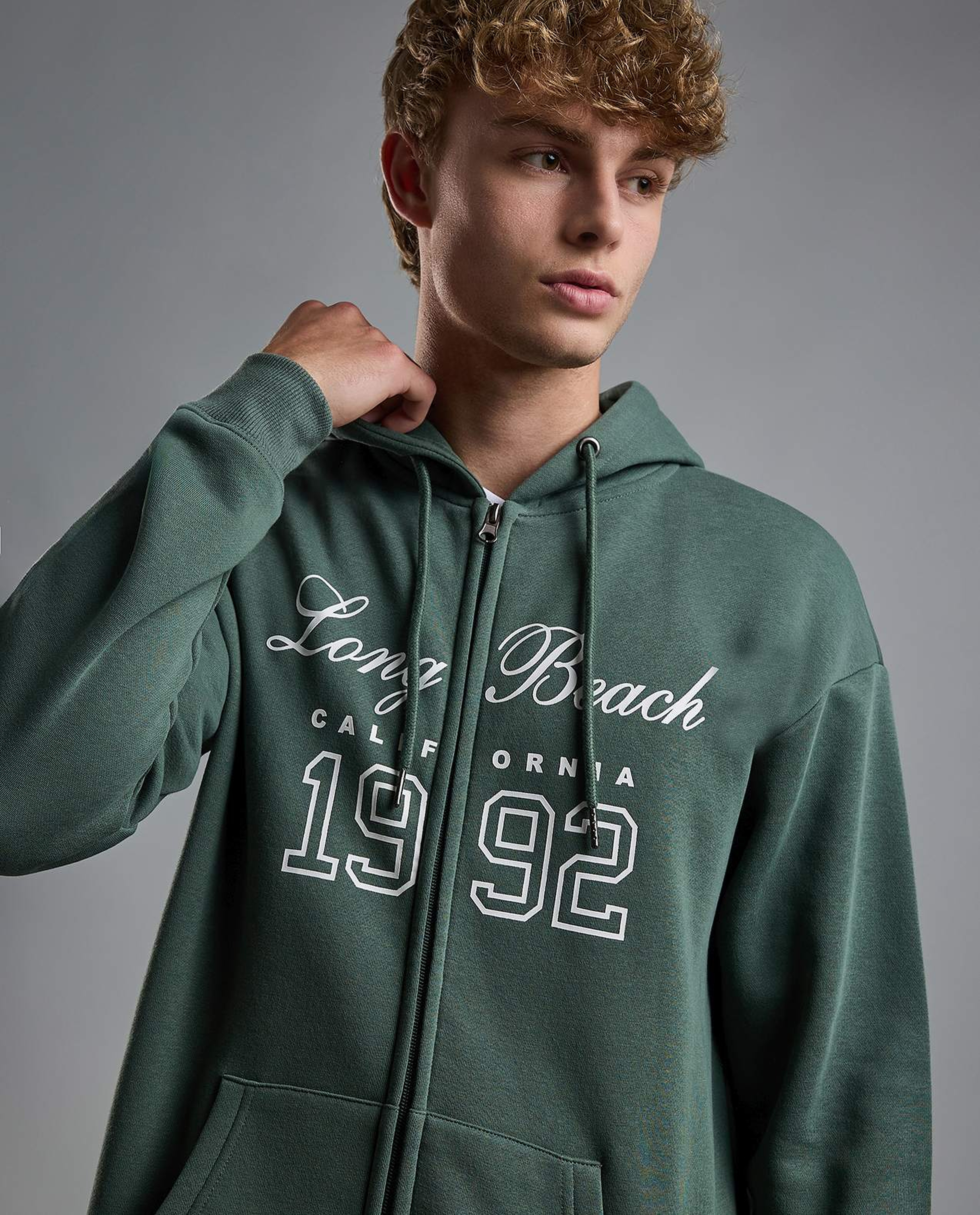 Typography Print Hooded Jacket with Zipper Closure