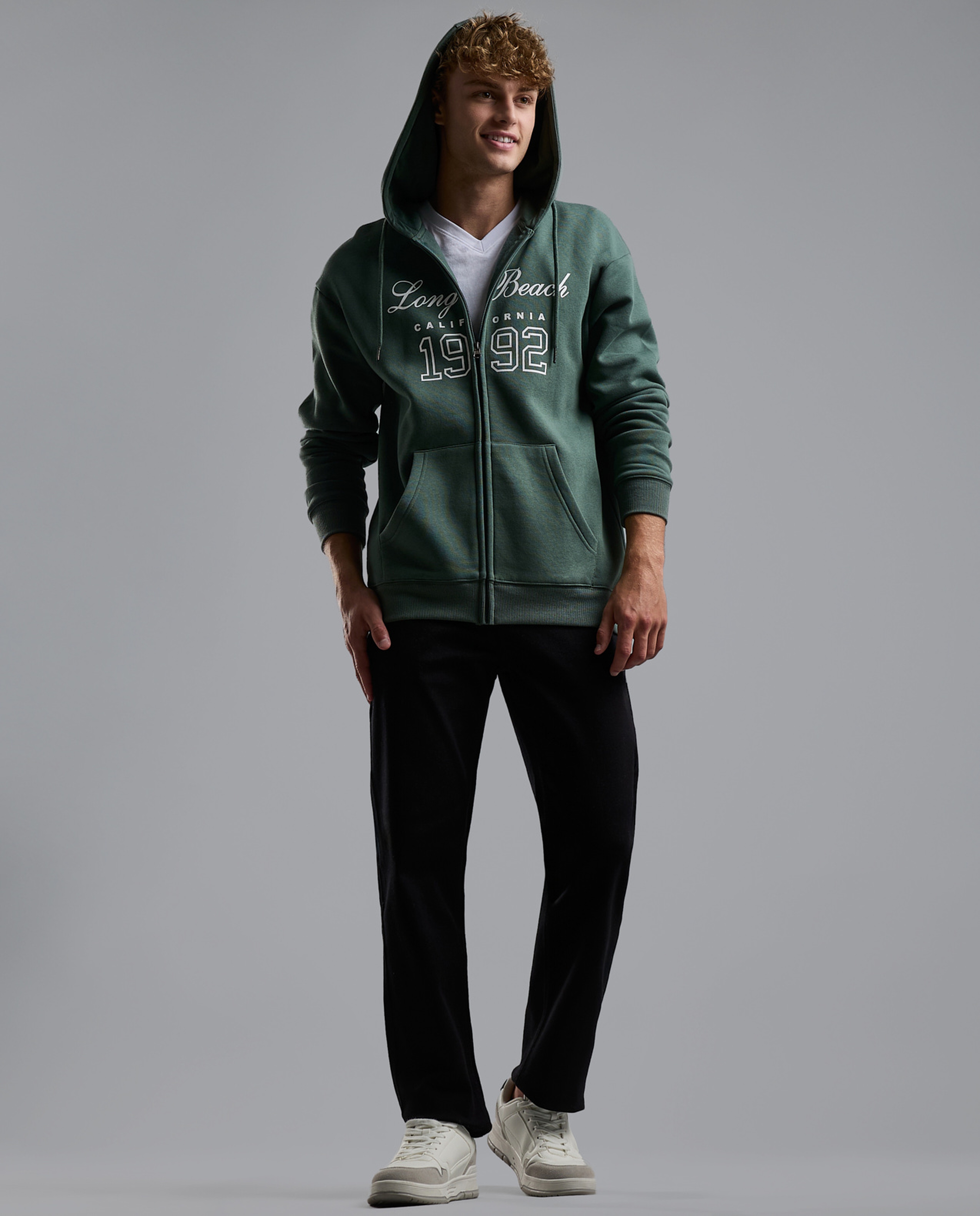 Typography Print Hooded Jacket with Zipper Closure