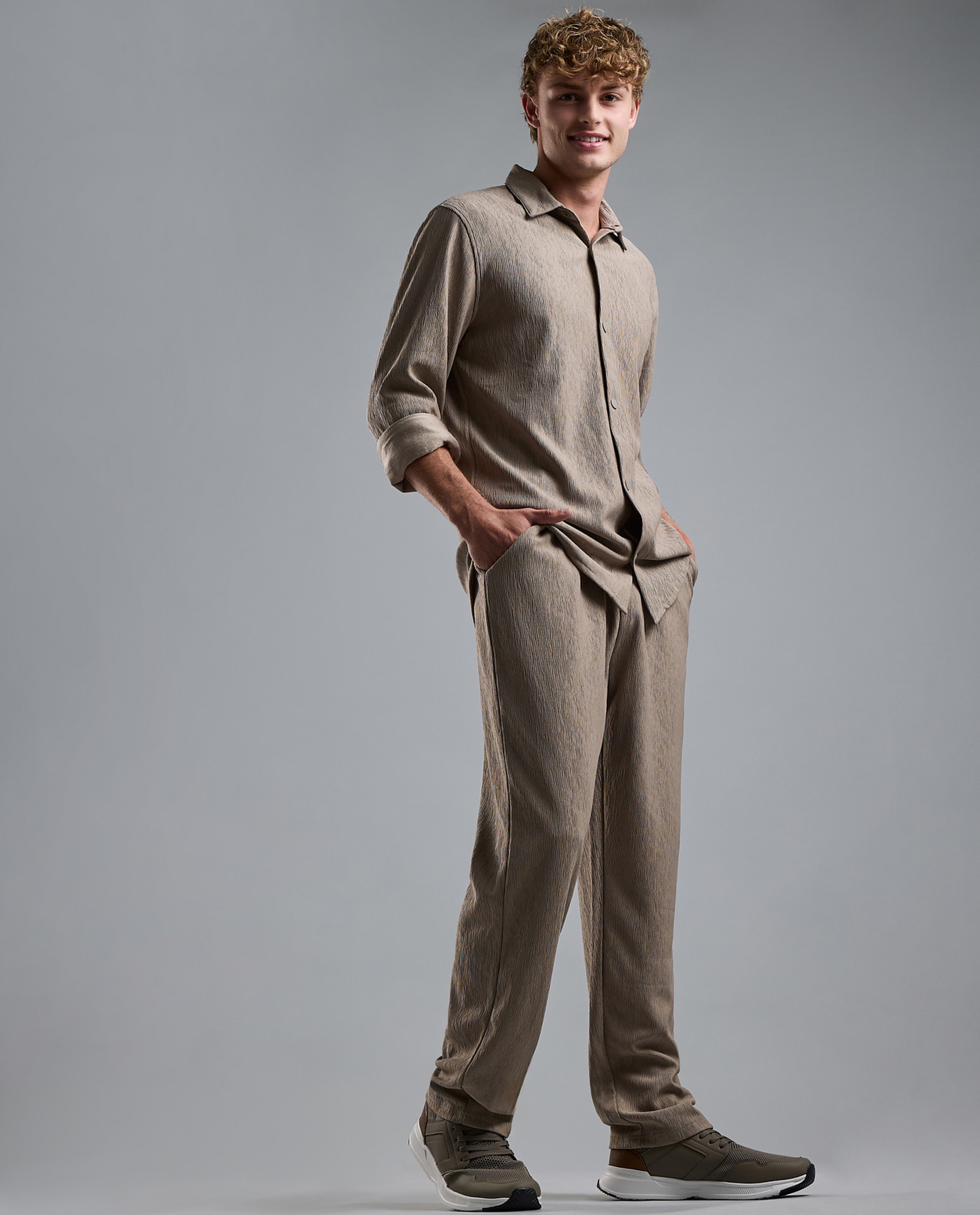 Textured Loose Fit Pants with Drawstring Waist