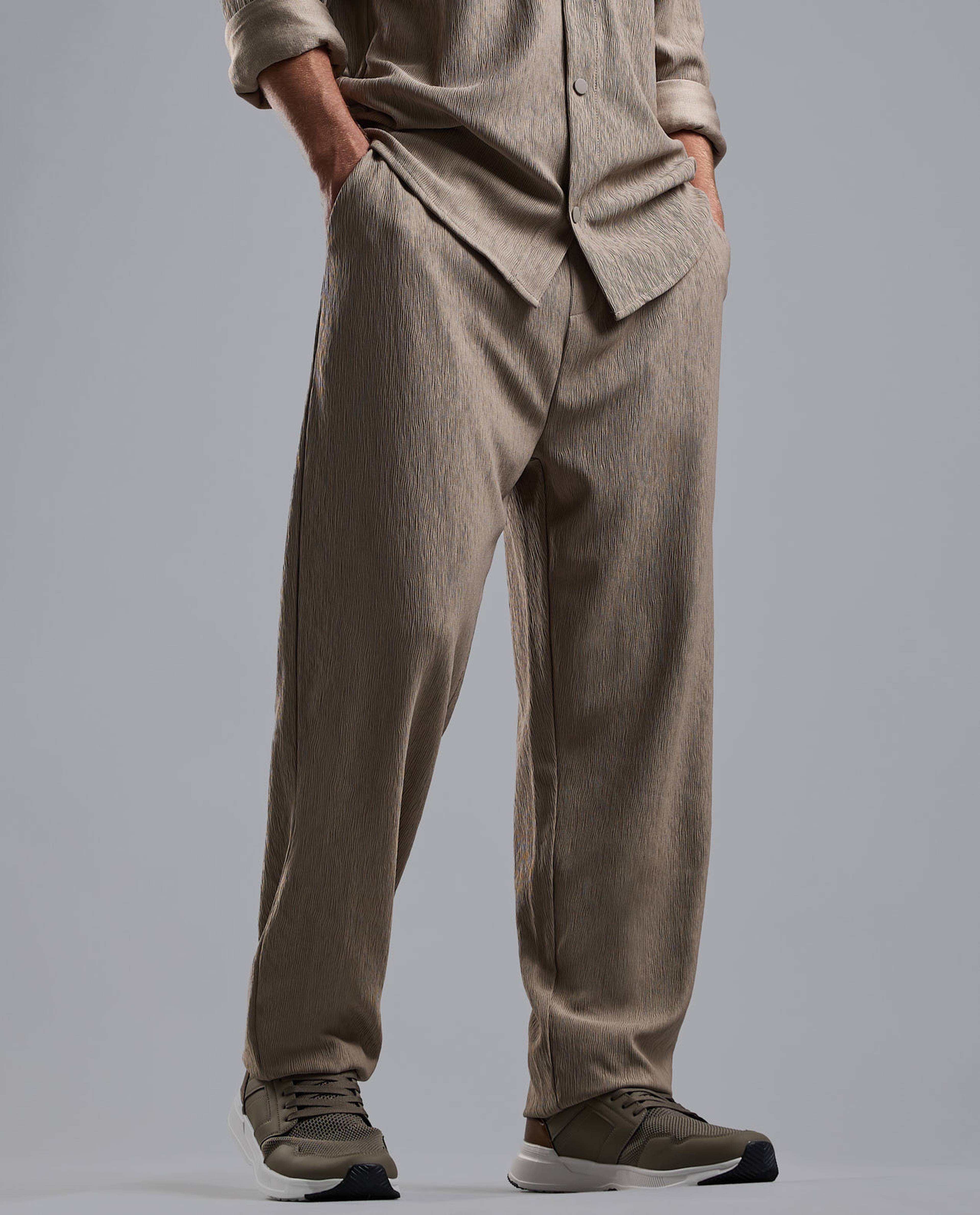 Textured Loose Fit Pants with Drawstring Waist