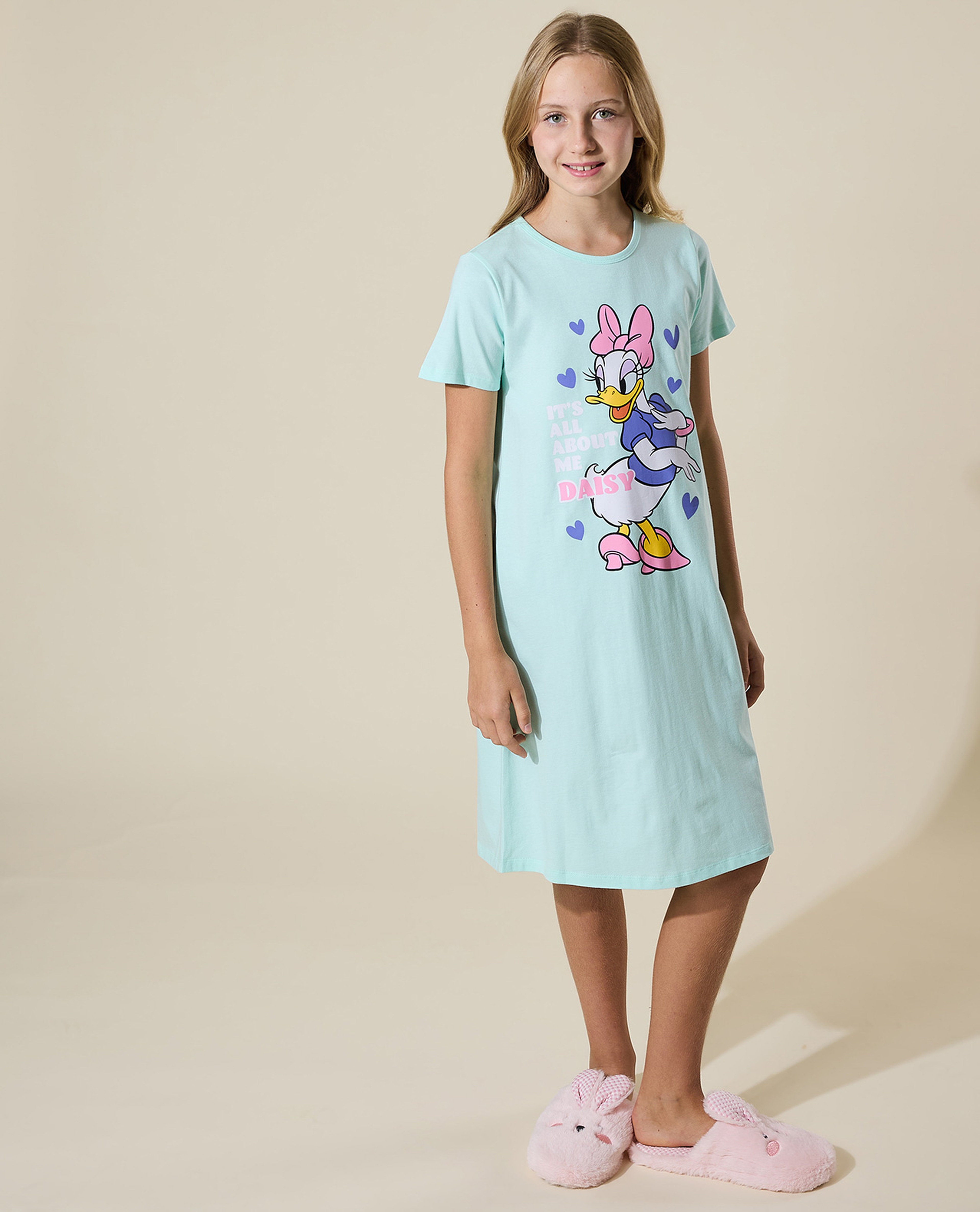 Printed Nightdress with Crew Neck and Short Sleeves