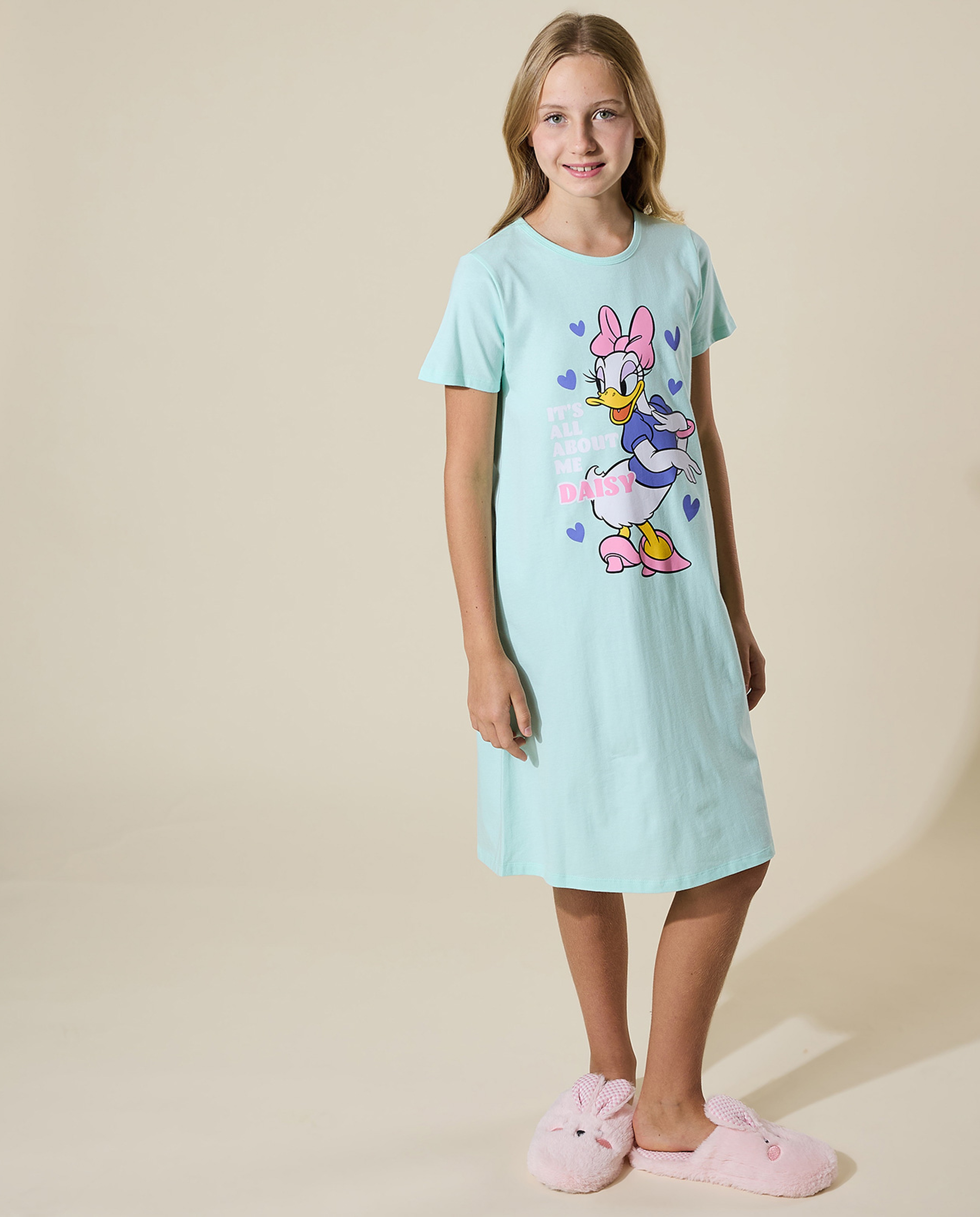 Printed Nightdress with Crew Neck and Short Sleeves