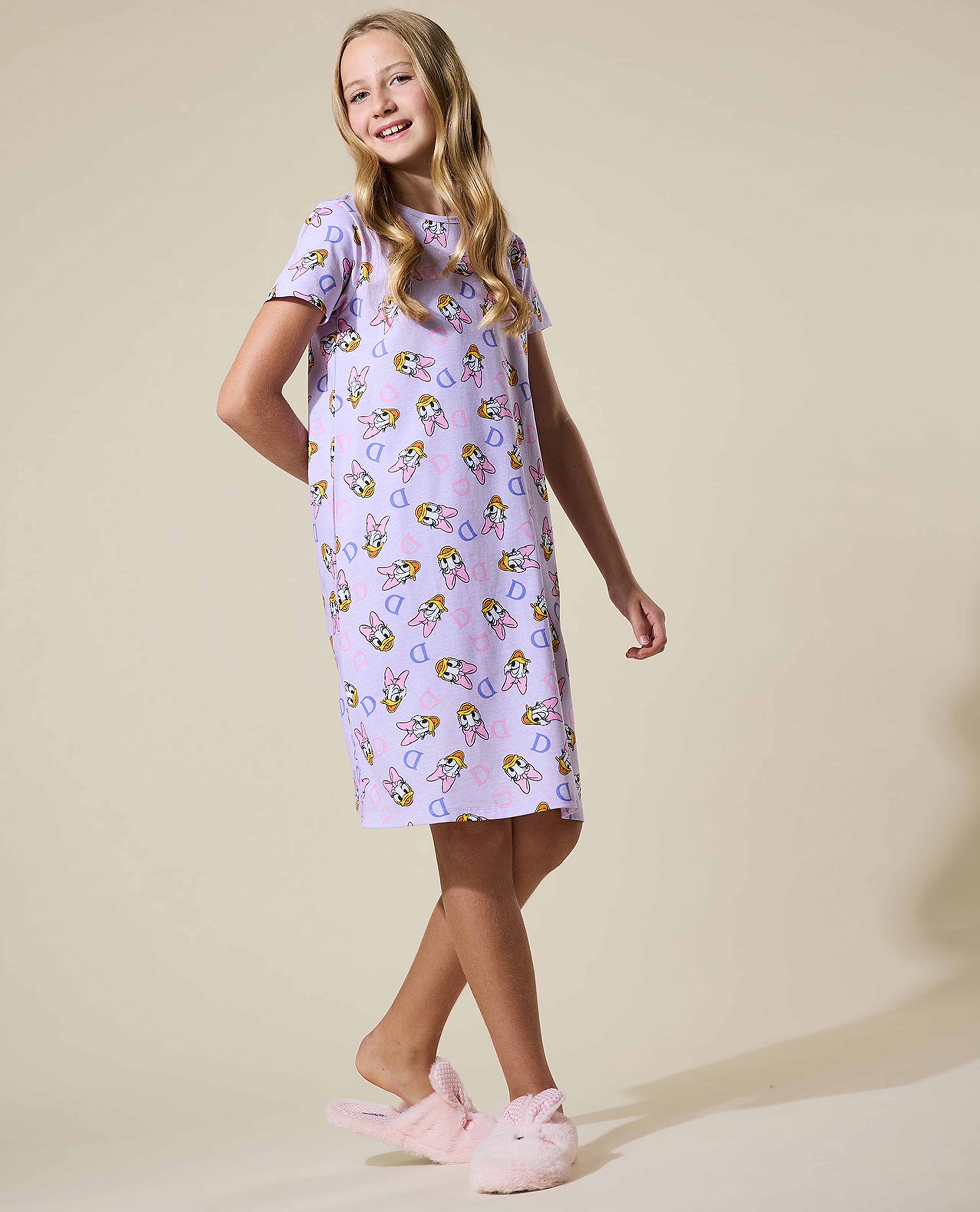 Printed Nightdress with Crew Neck and Short Sleeves