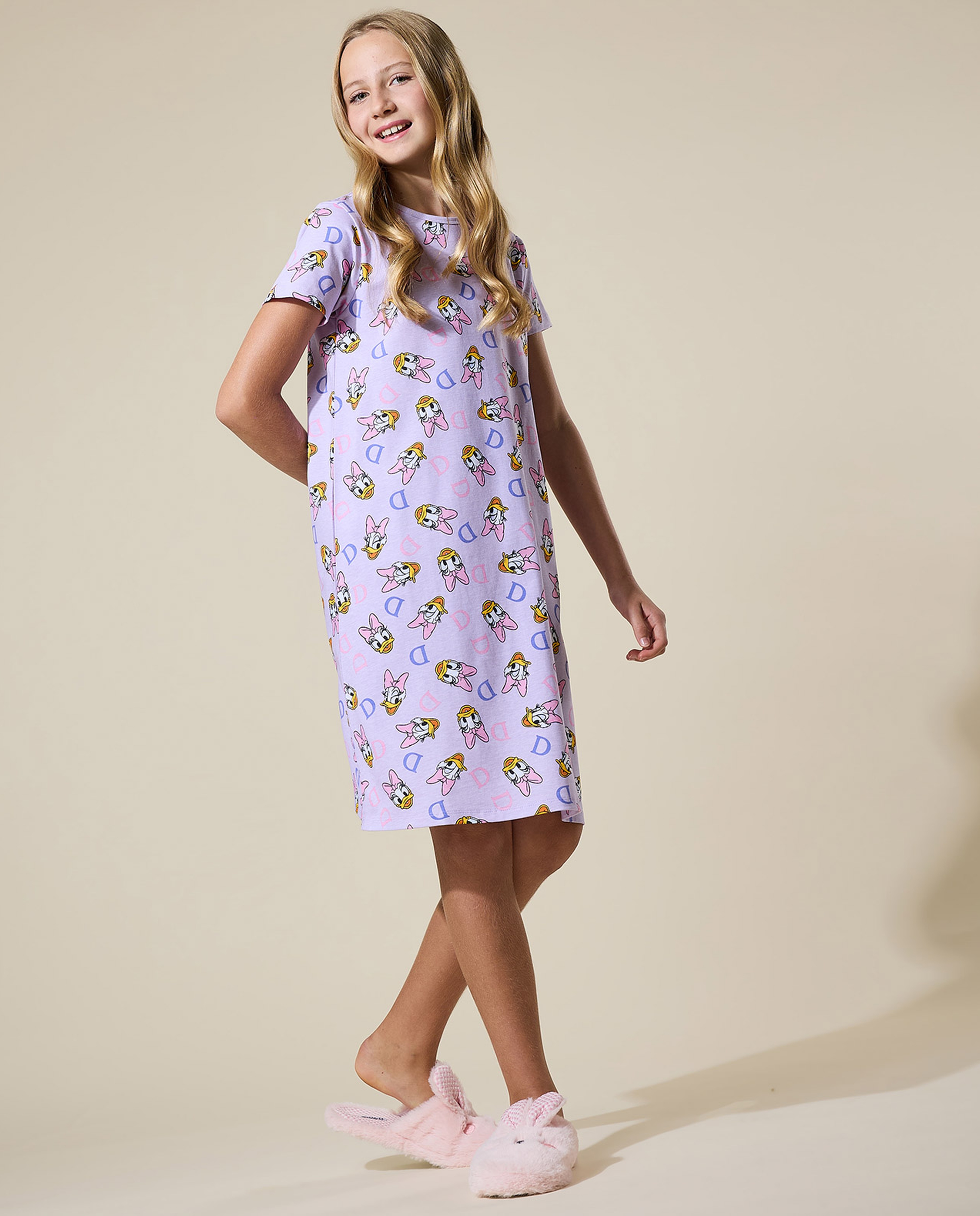 Printed Nightdress with Crew Neck and Short Sleeves