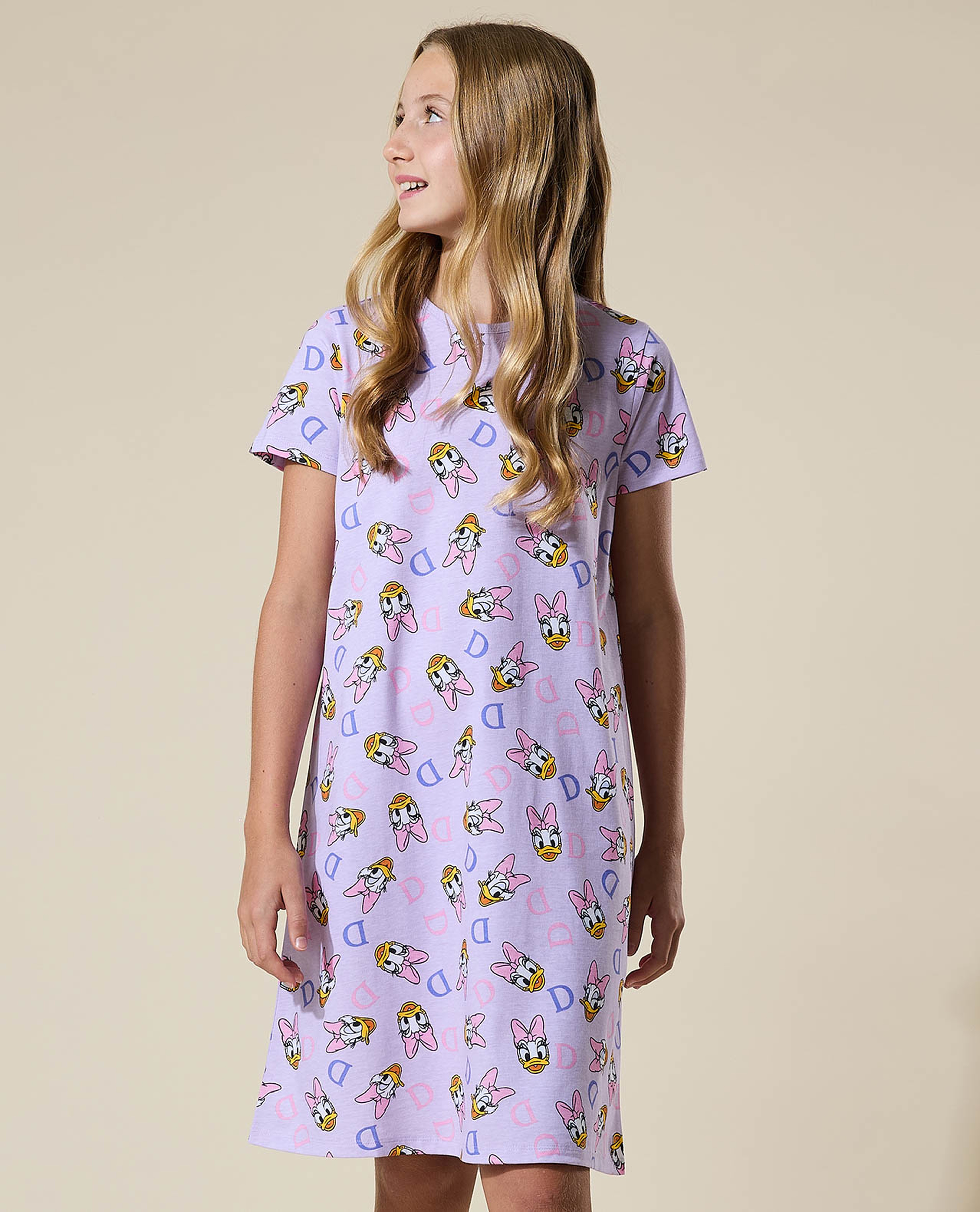 Printed Nightdress with Crew Neck and Short Sleeves