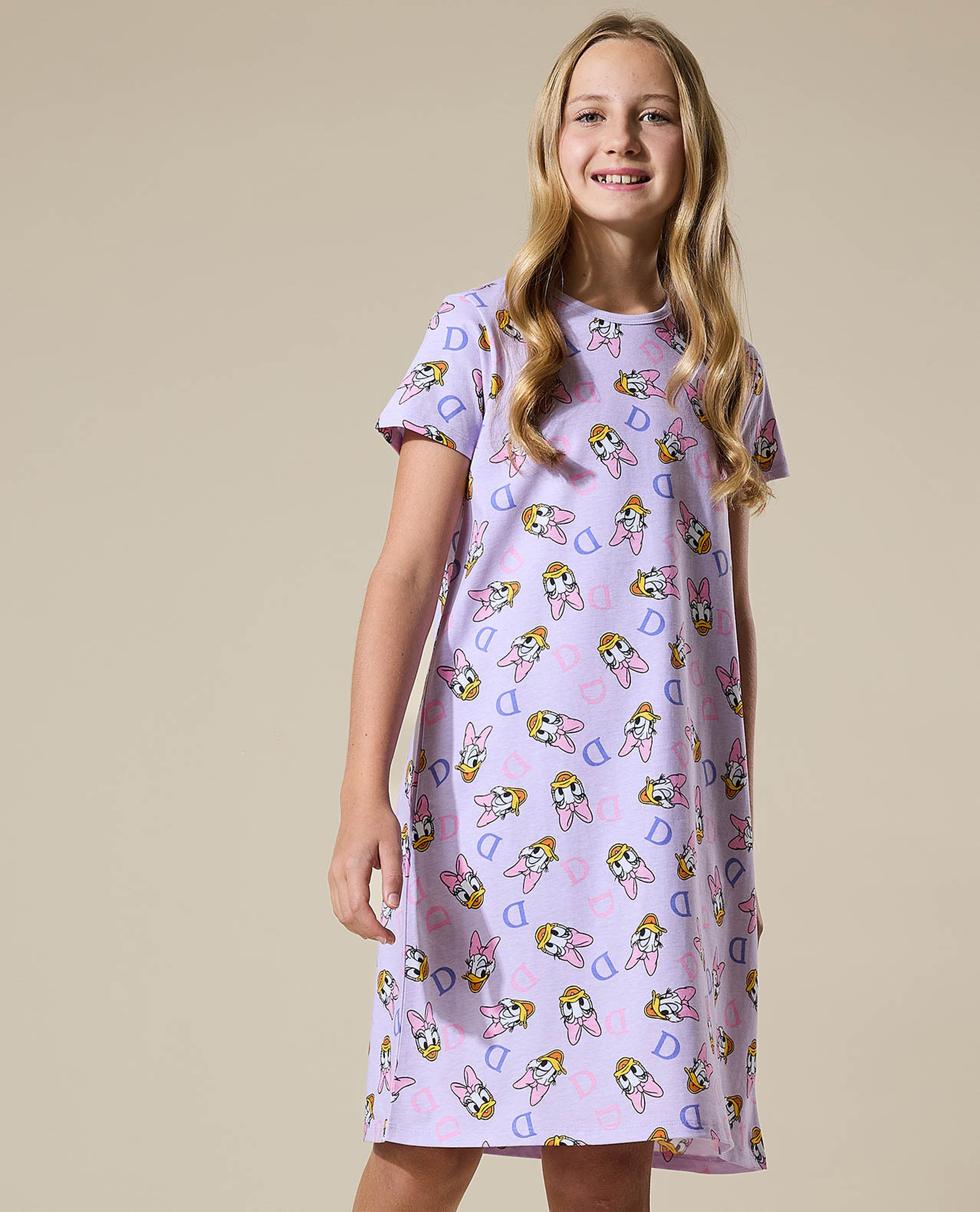 Printed Nightdress with Crew Neck and Short Sleeves