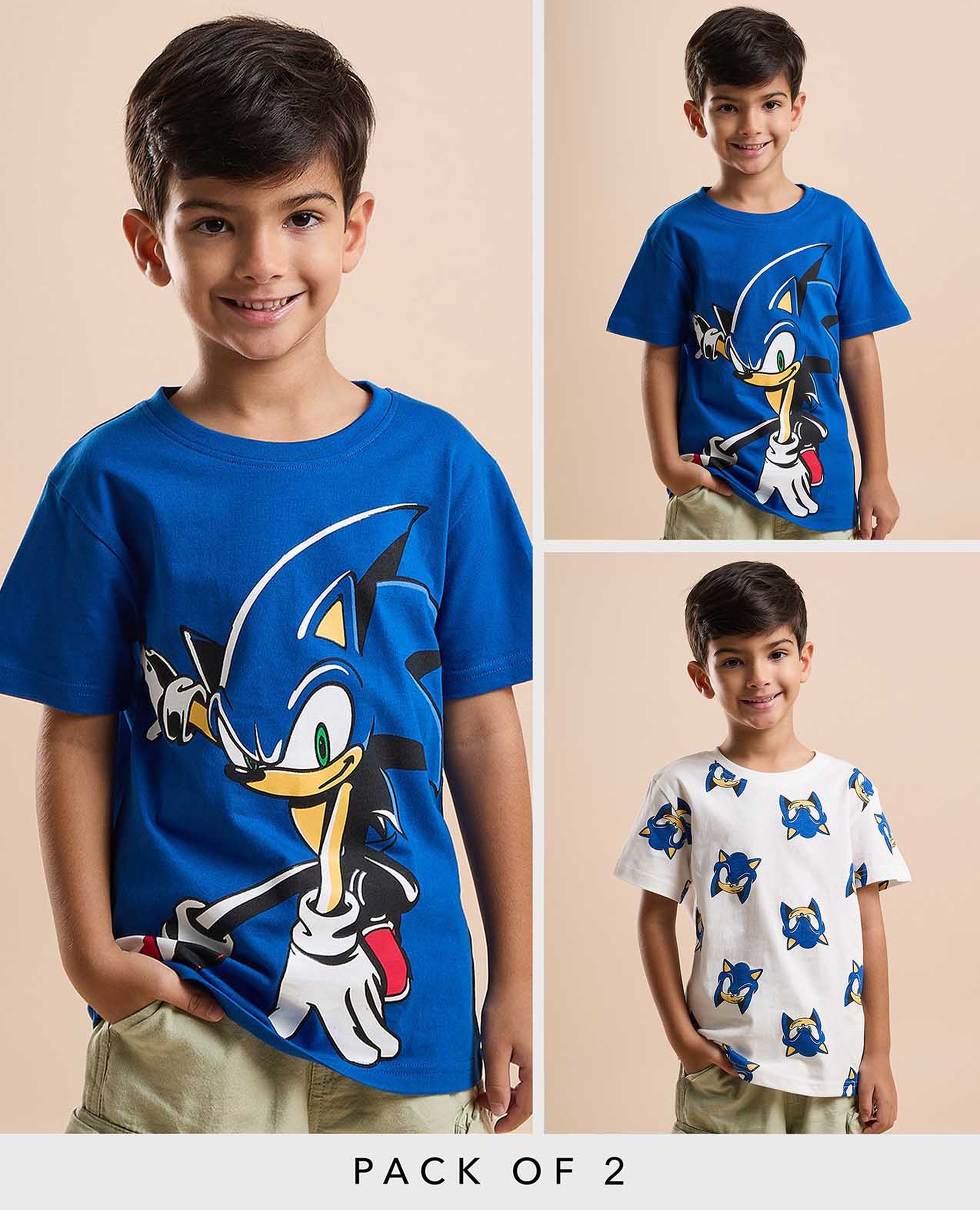 2 Pack Sonic Print T-Shirts with Short Sleeves