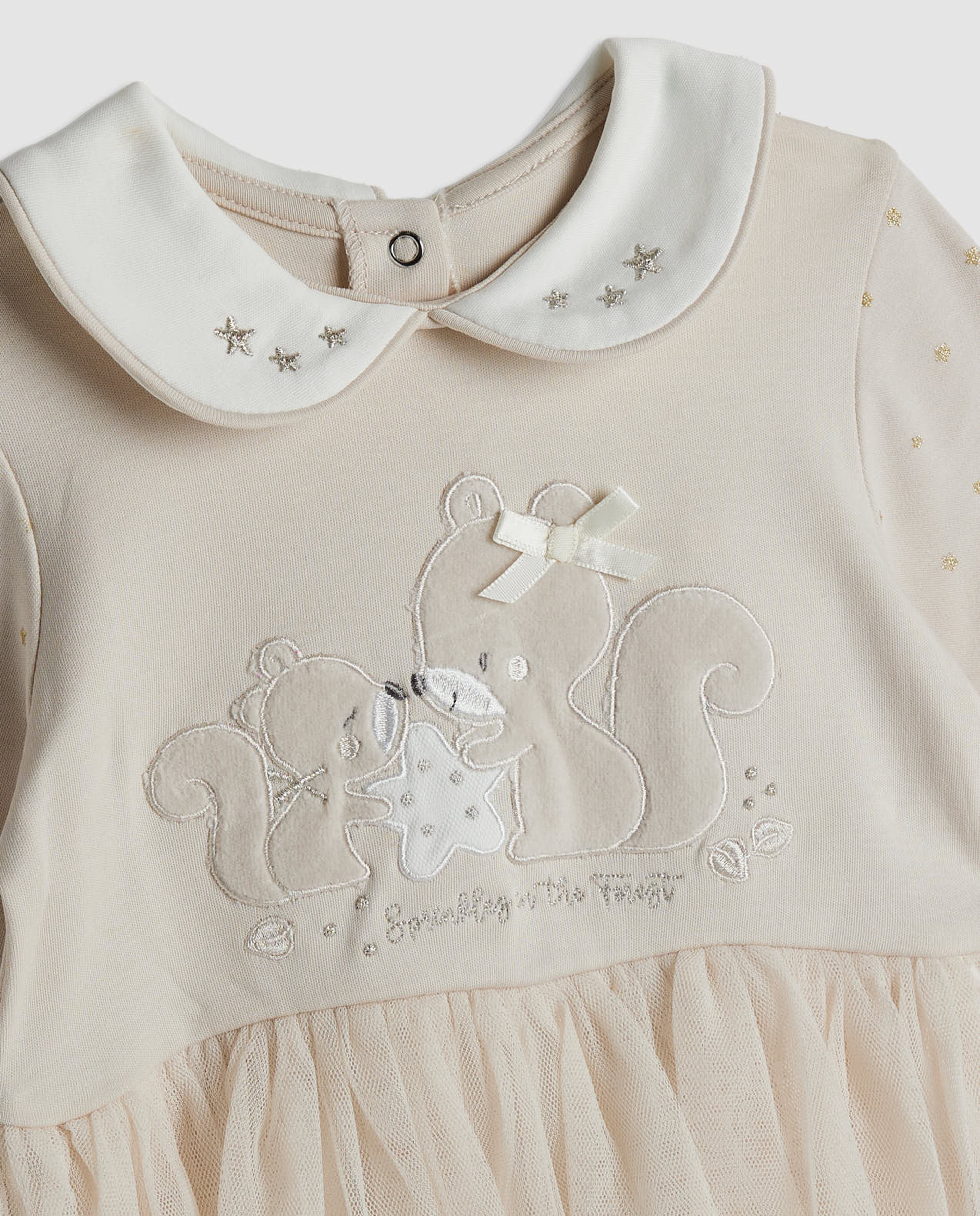 Appliqued Tulle Dress with Long Sleeves