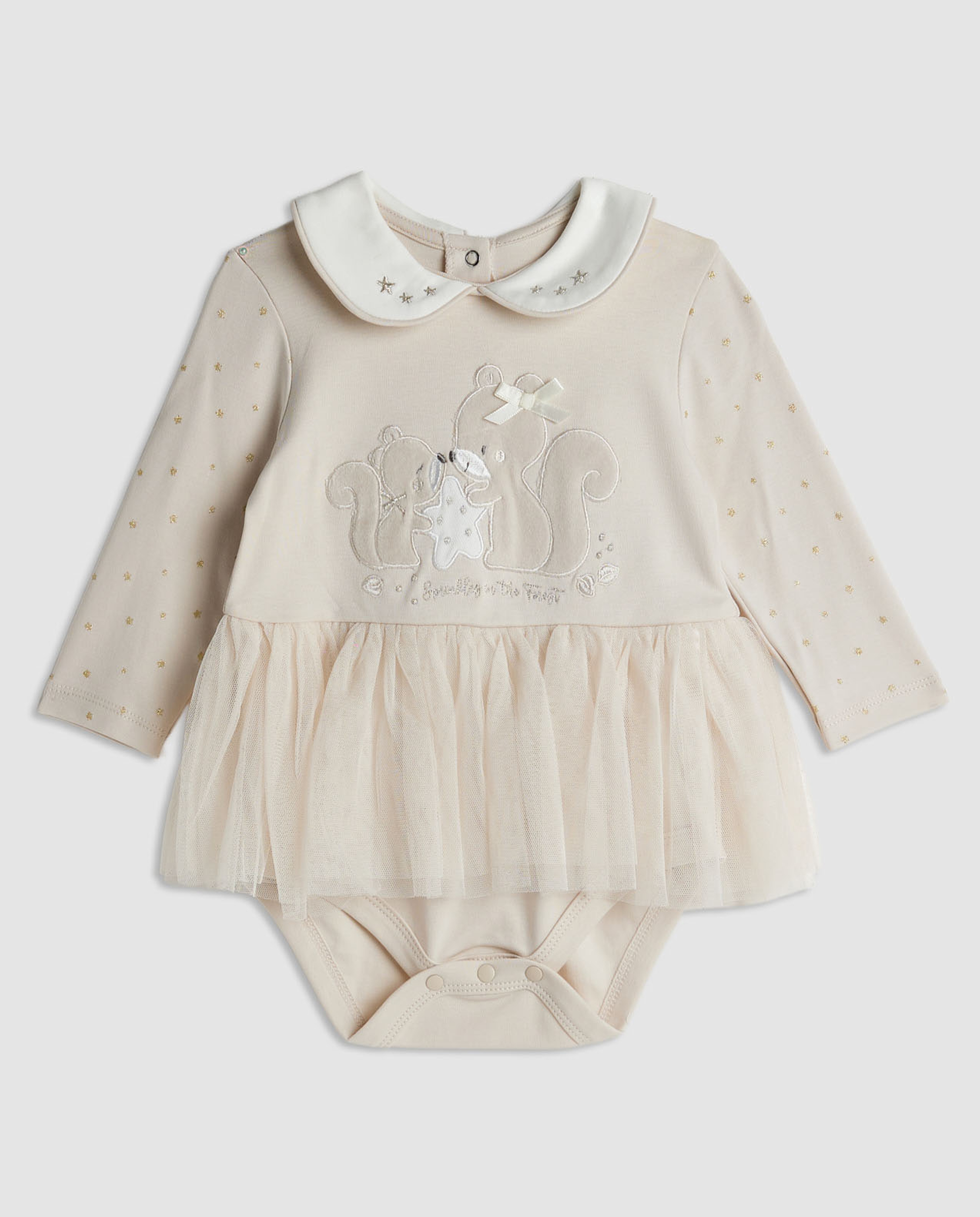 Appliqued Tulle Dress with Long Sleeves