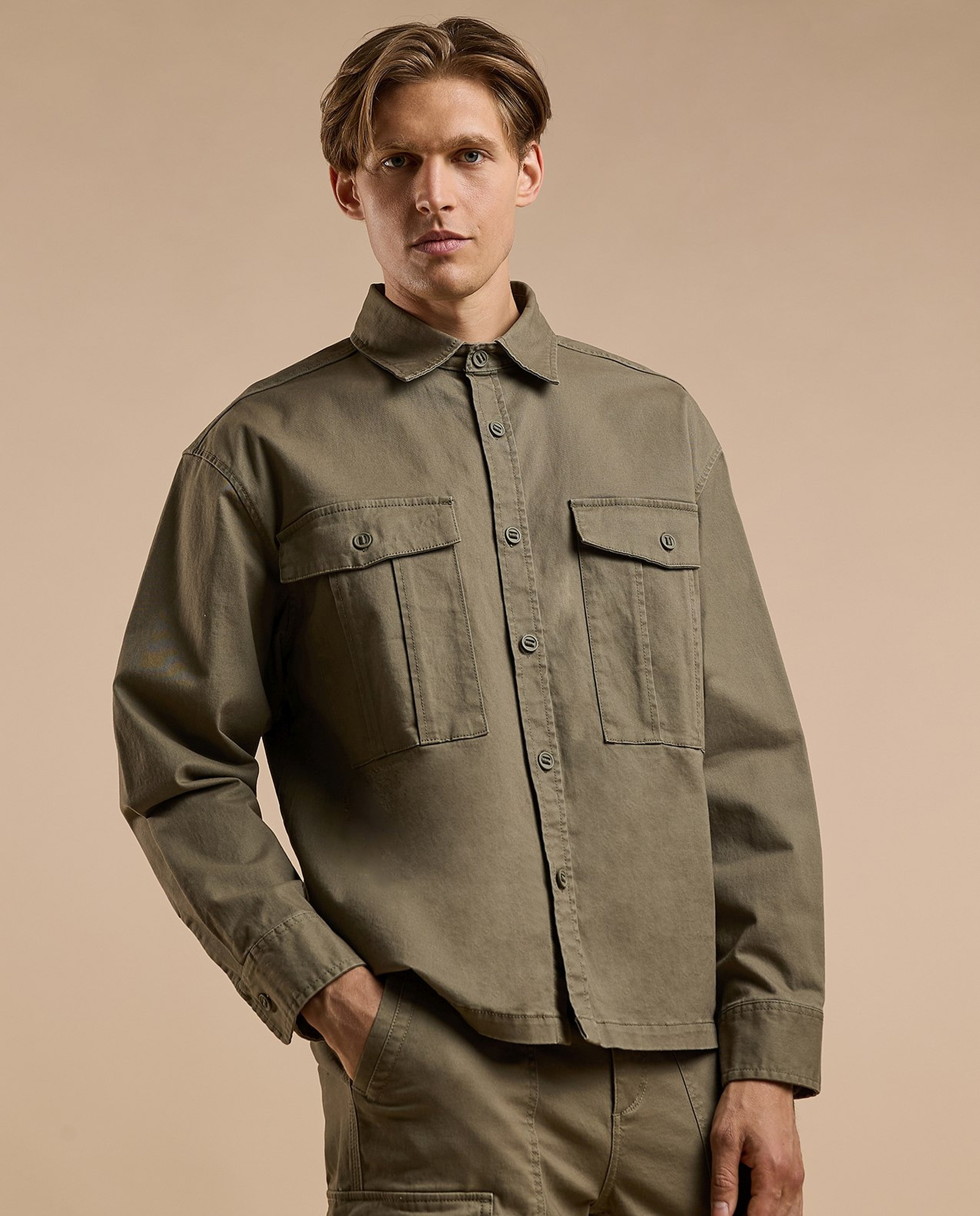 Solid Cargo Pants with Button Closure