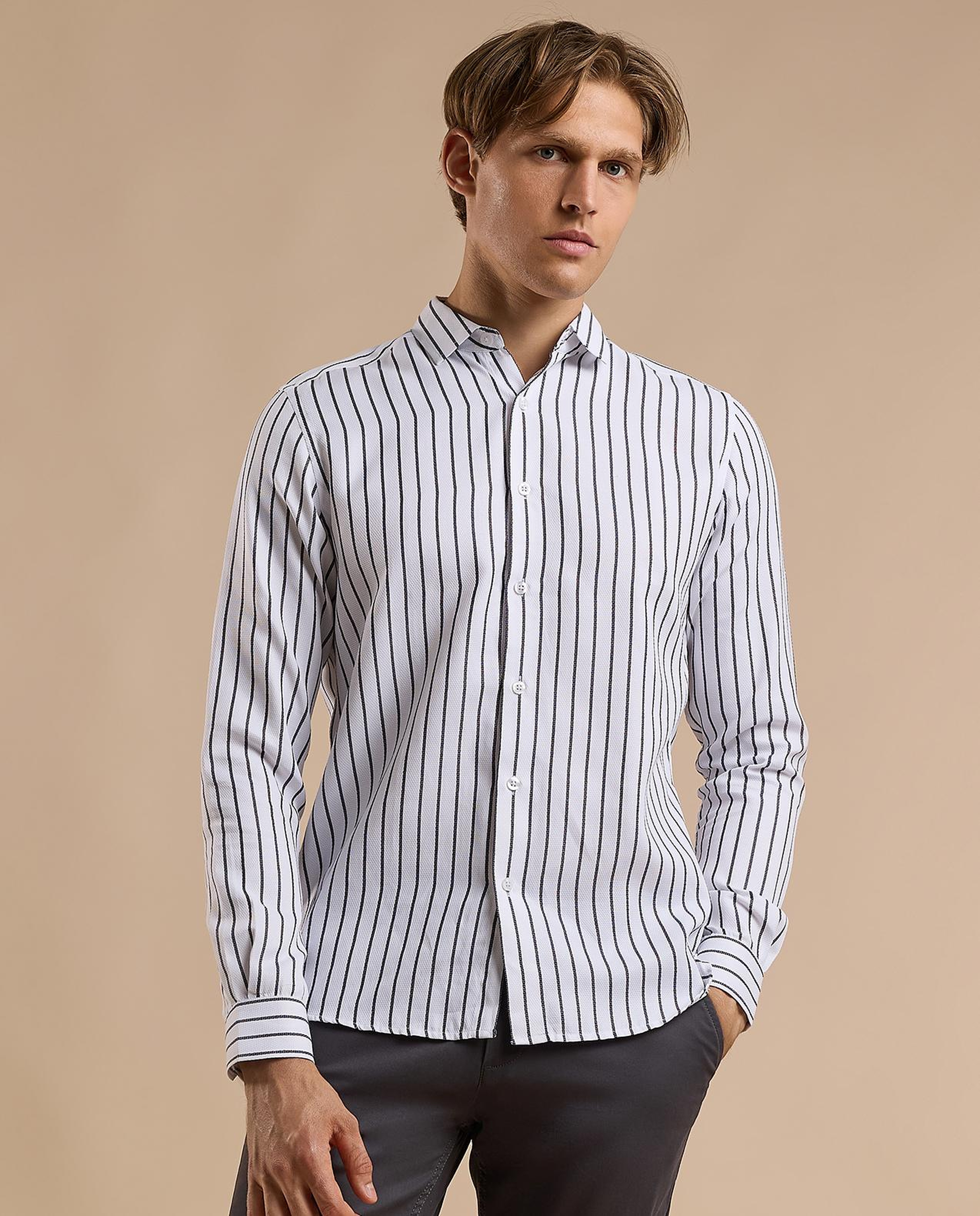 Striped Shirt with Classic Collar and Long Sleeves