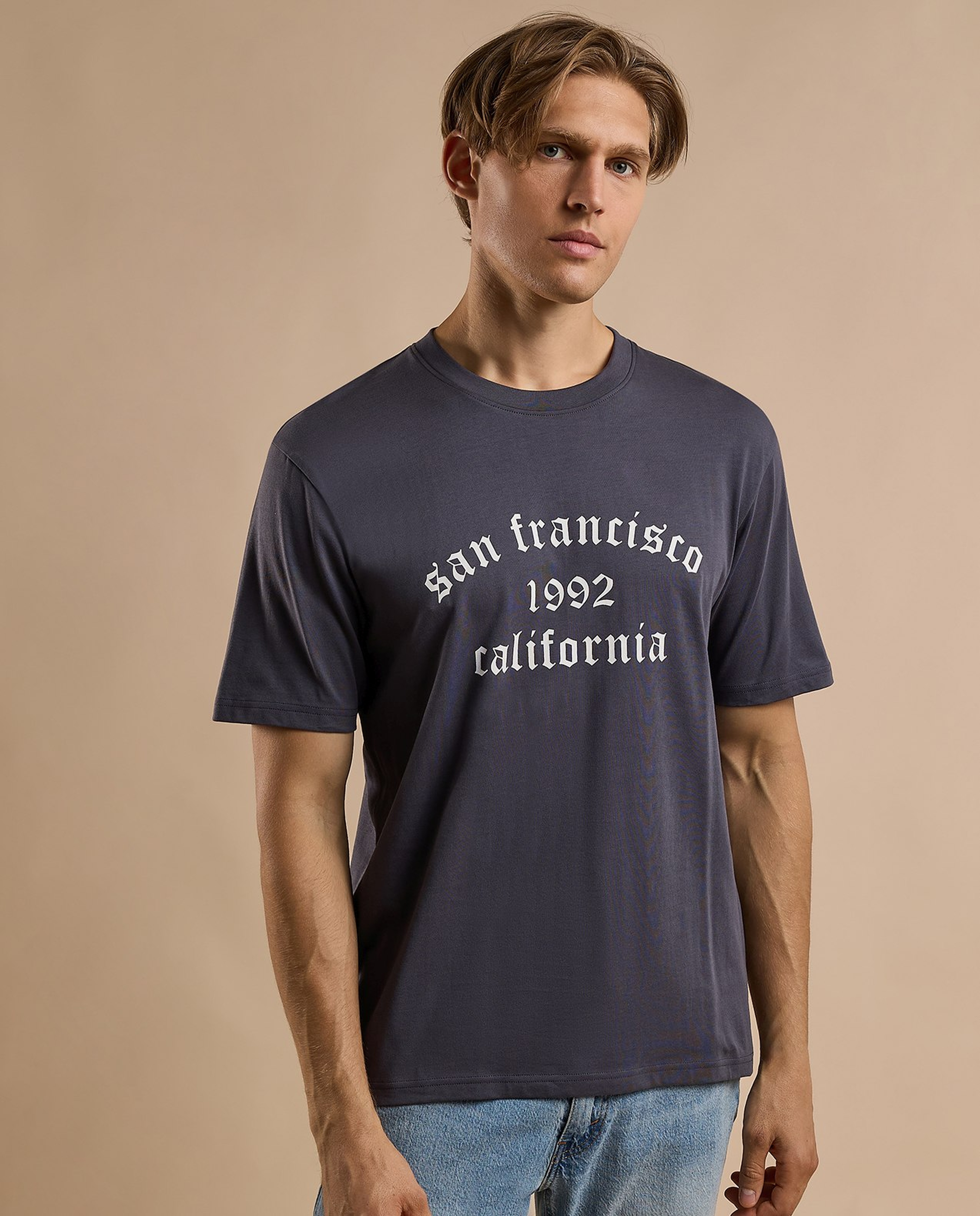 Typography Print T-Shirt with Crew Neck and Short Sleeves