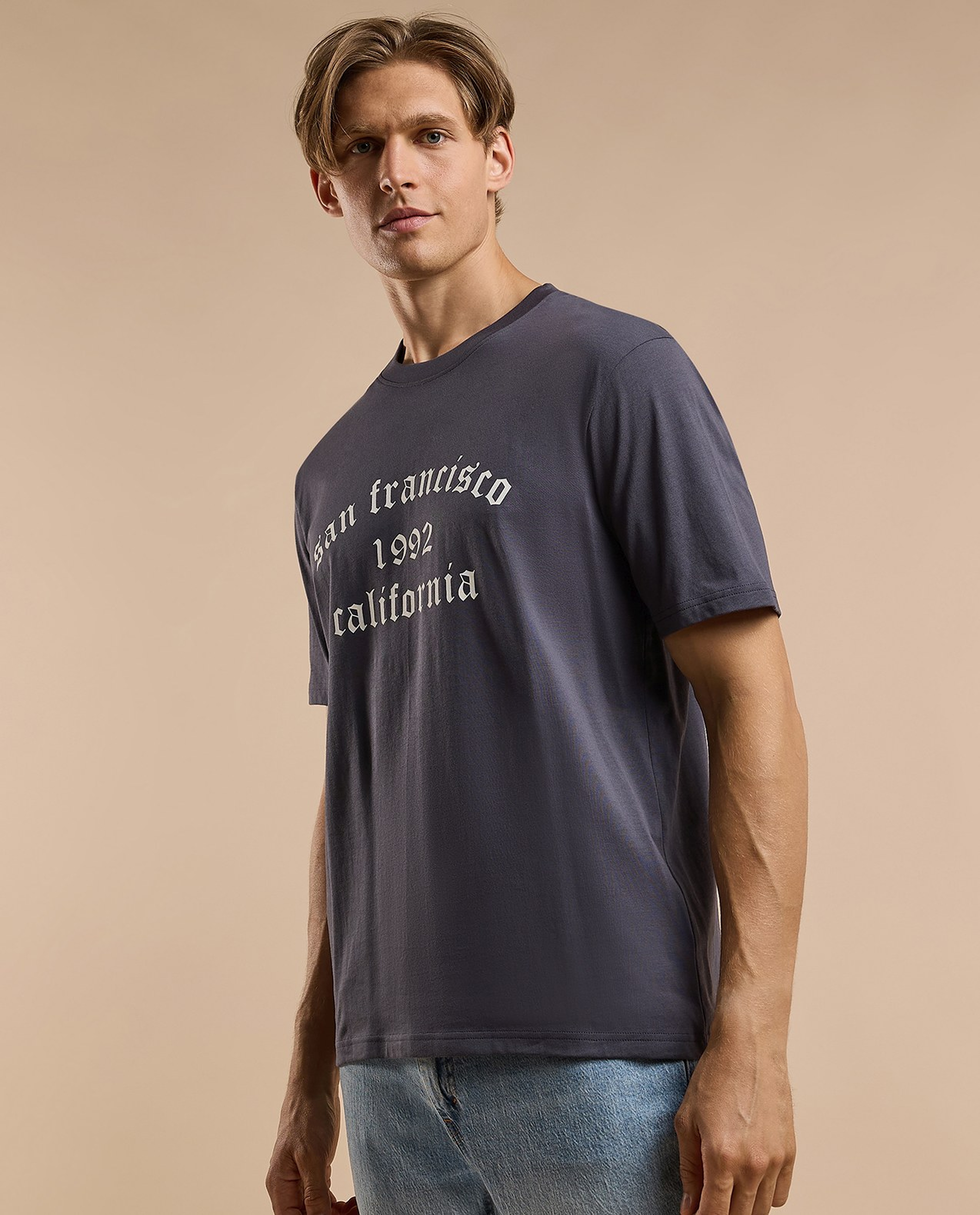 Typography Print T-Shirt with Crew Neck and Short Sleeves