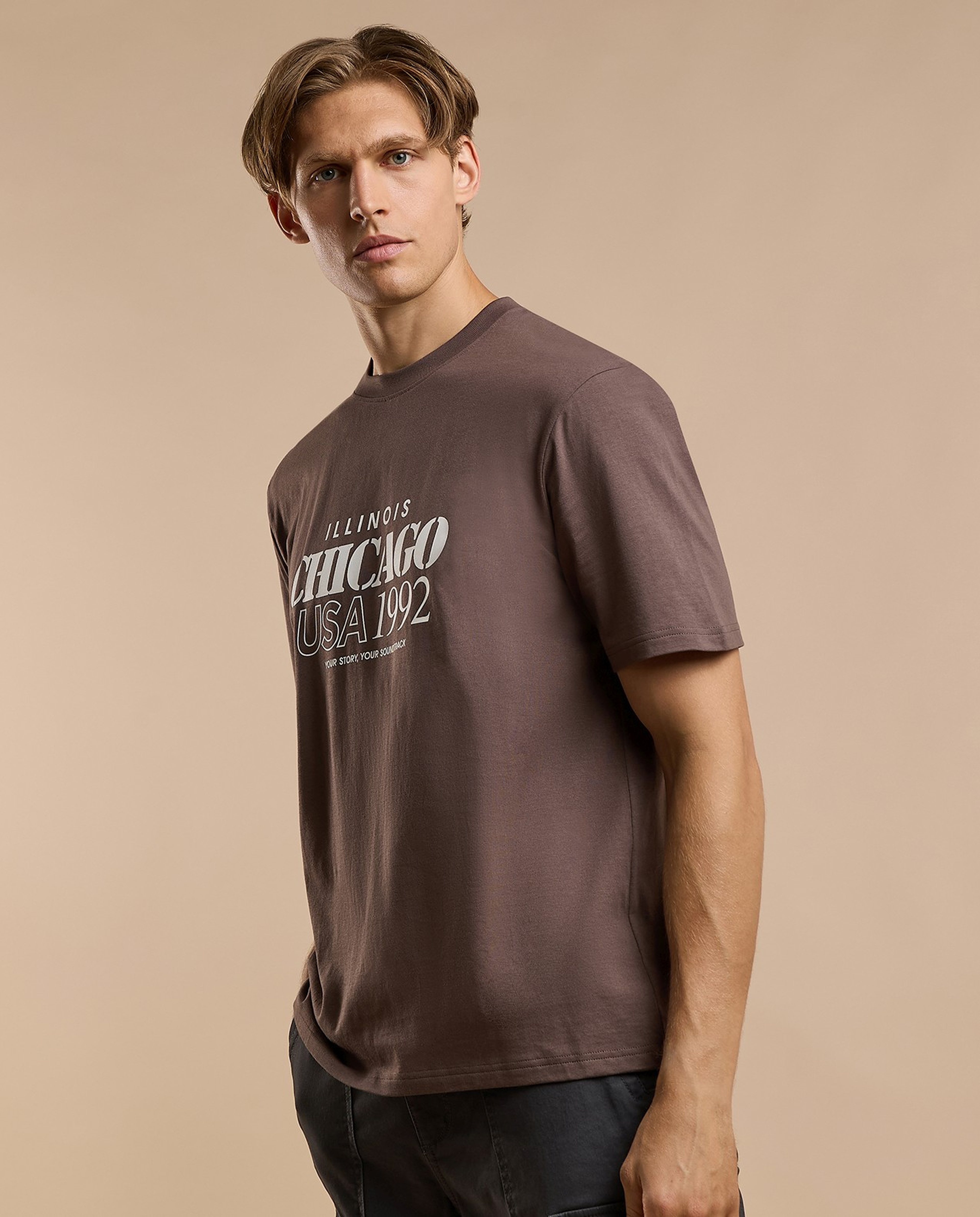 Typography Print T-Shirt with Crew Neck and Short Sleeves