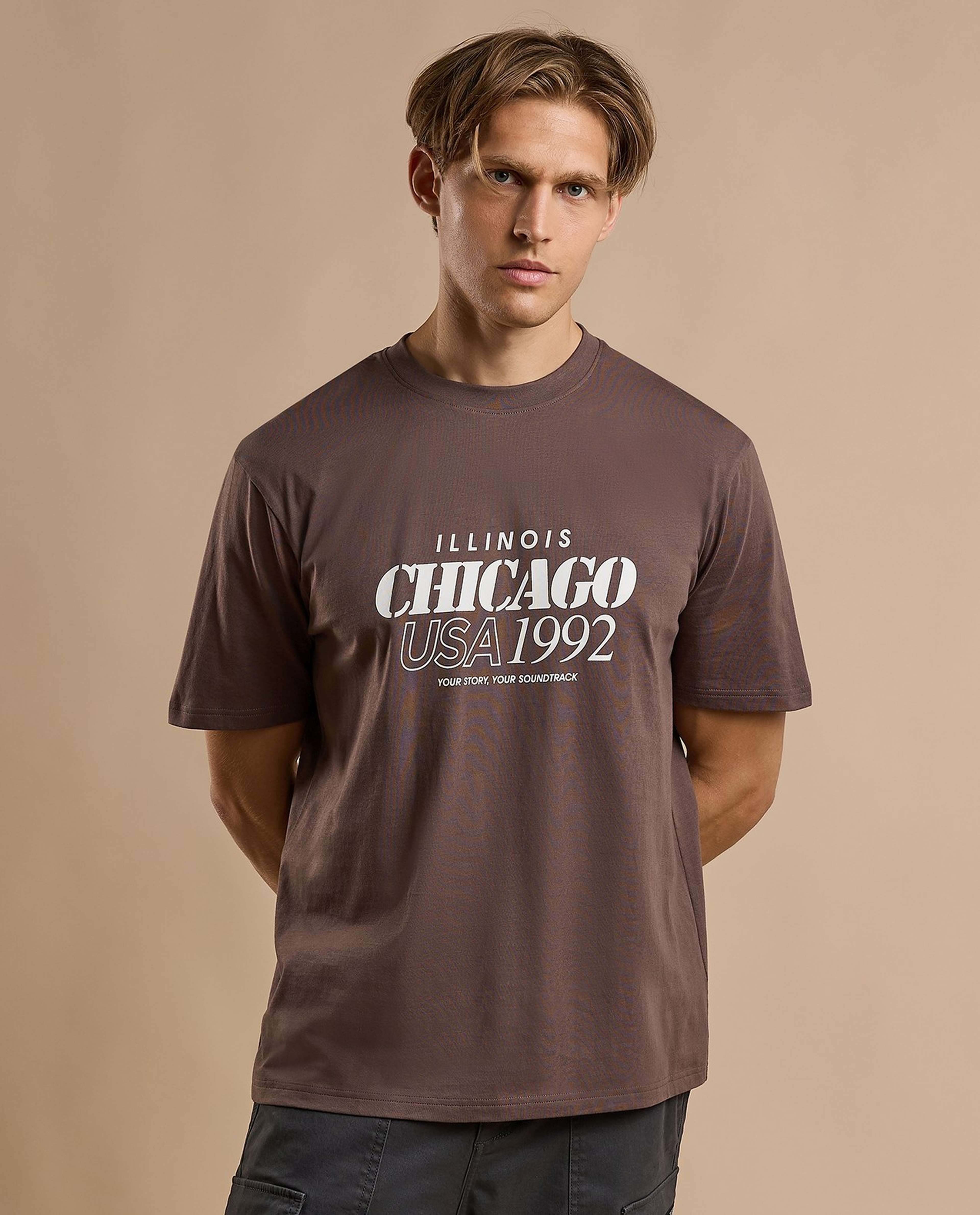 Typography Print T-Shirt with Crew Neck and Short Sleeves