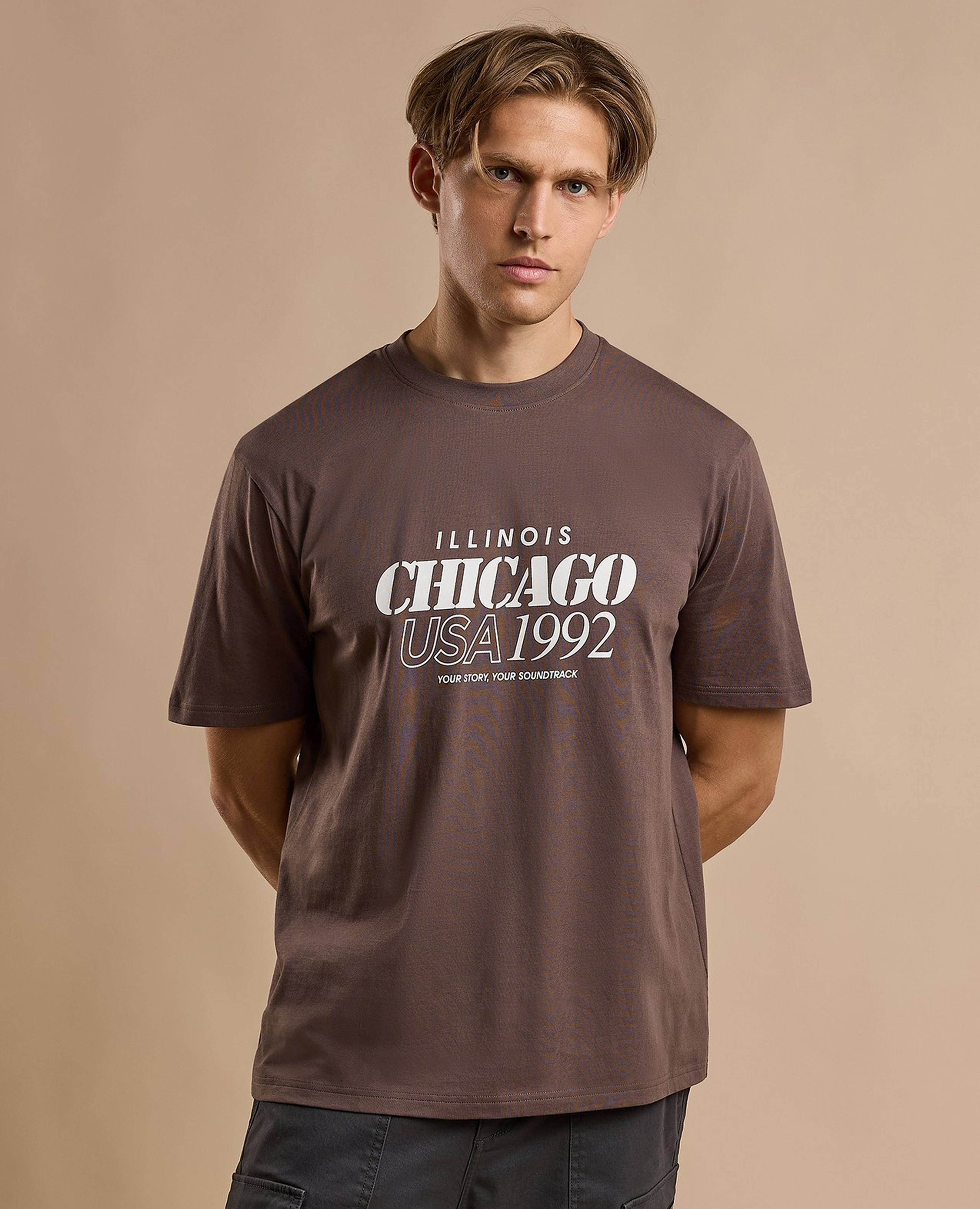 Typography Print T-Shirt with Crew Neck and Short Sleeves