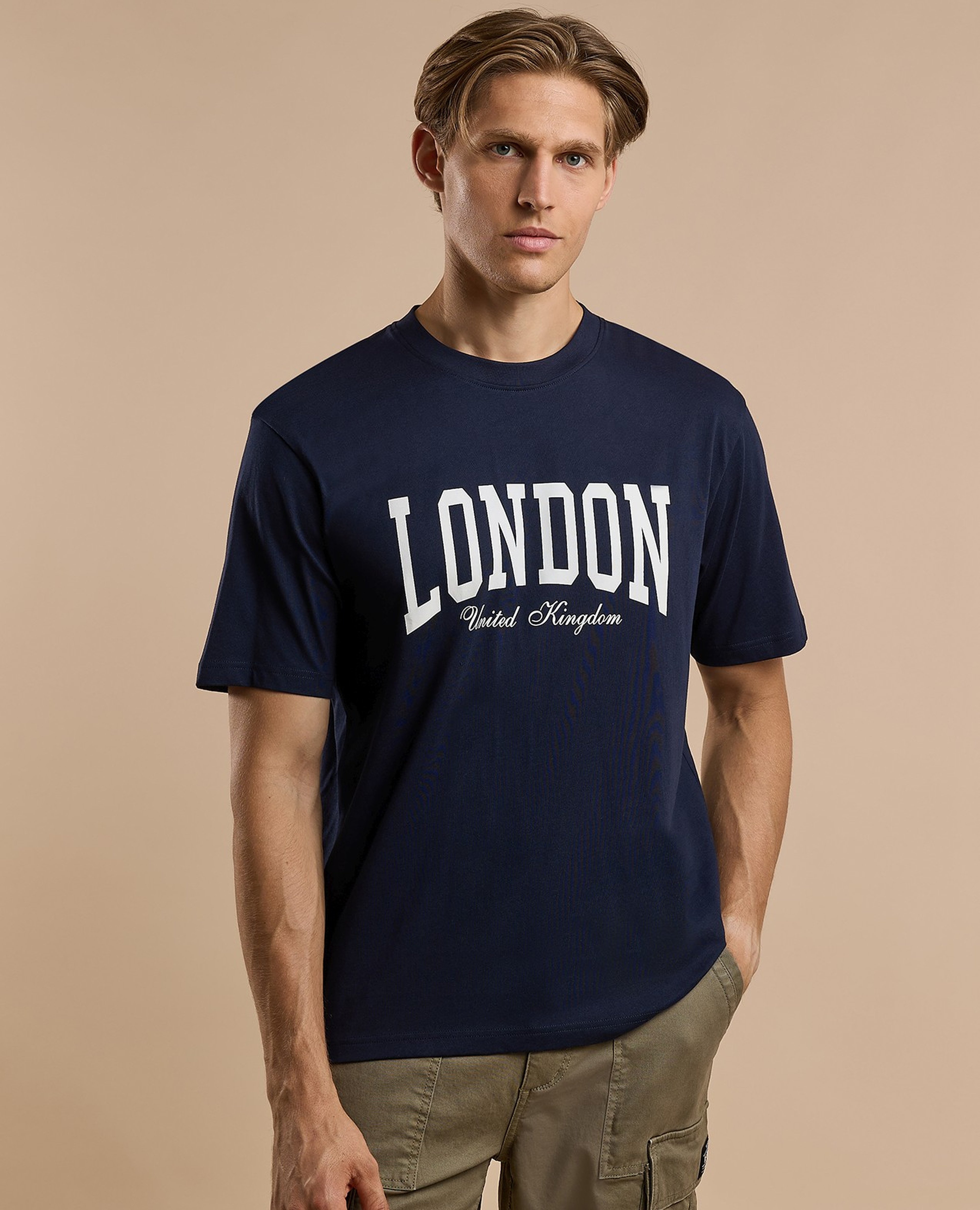 Typography Print T-Shirt with Crew Neck and Short Sleeves