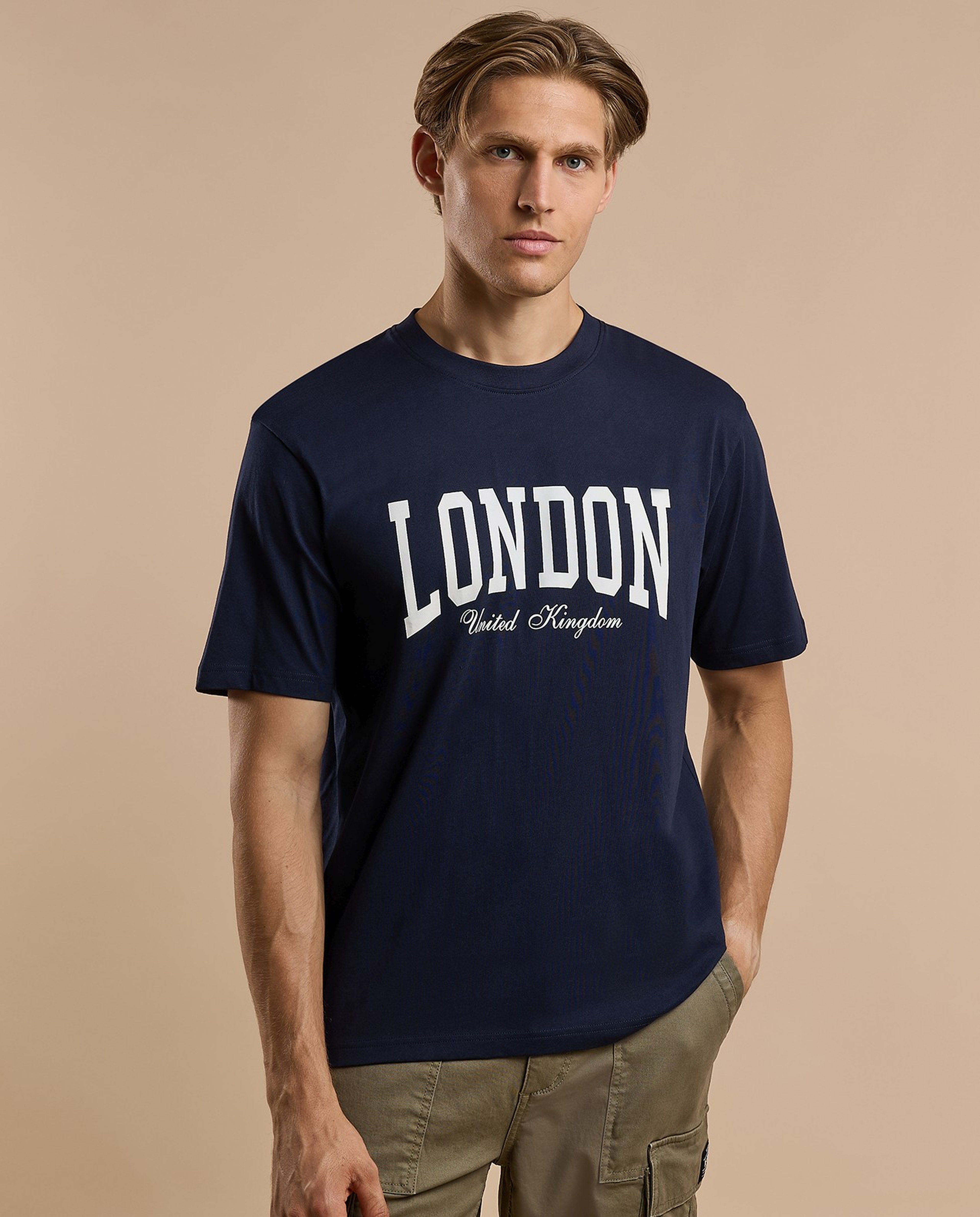 Typography Print T-Shirt with Crew Neck and Short Sleeves