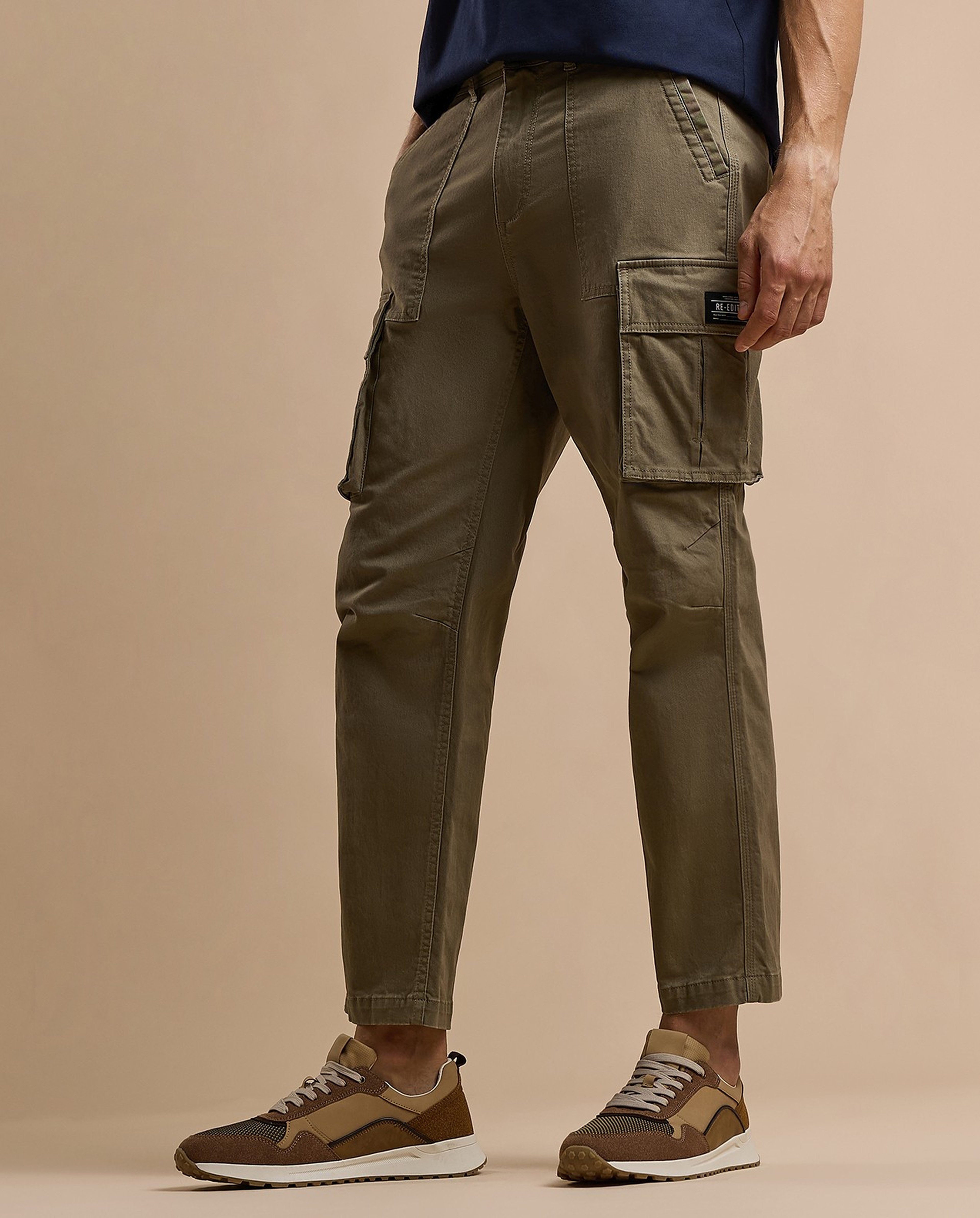 Solid Cargo Pants with Button Closure