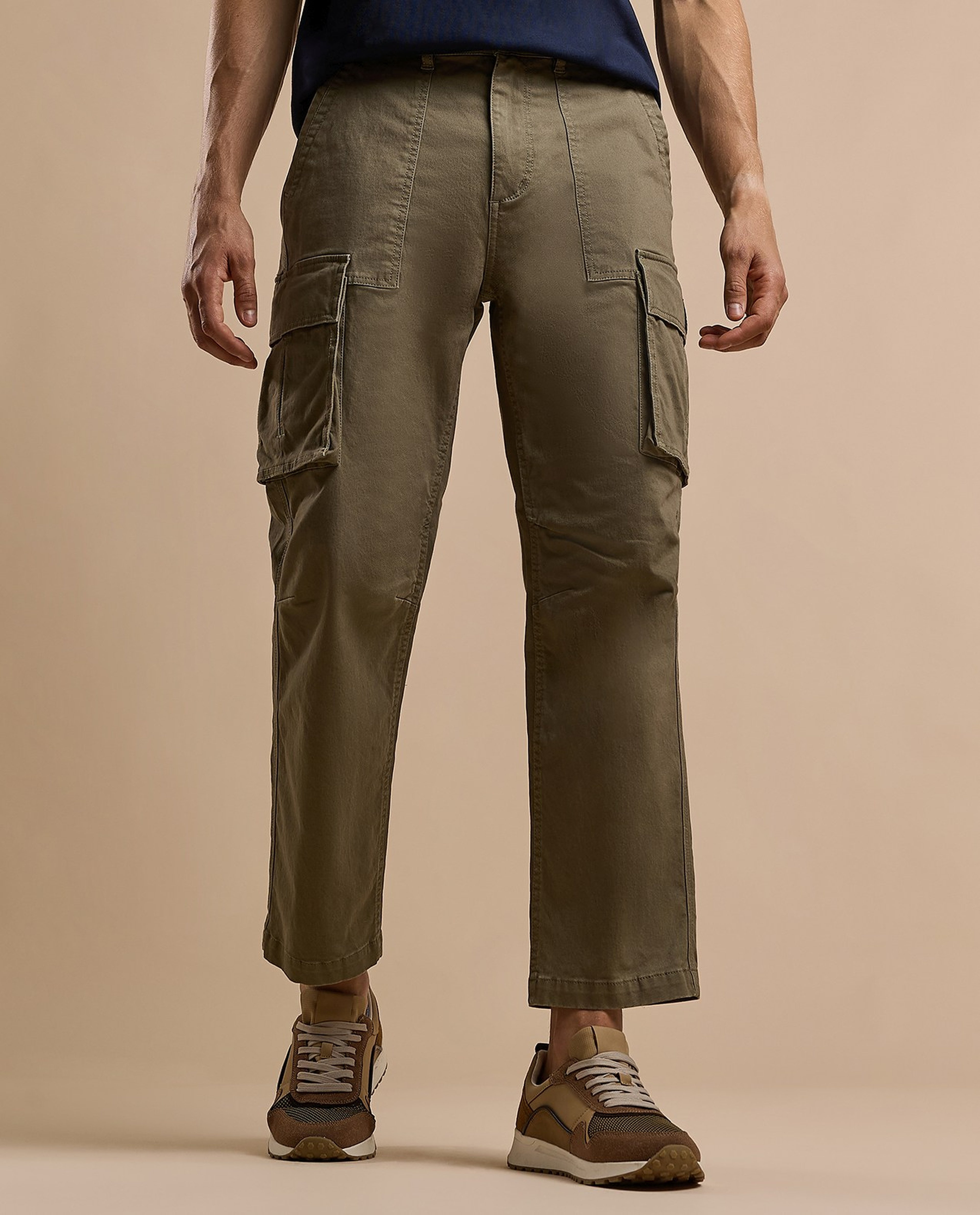 Solid Cargo Pants with Button Closure