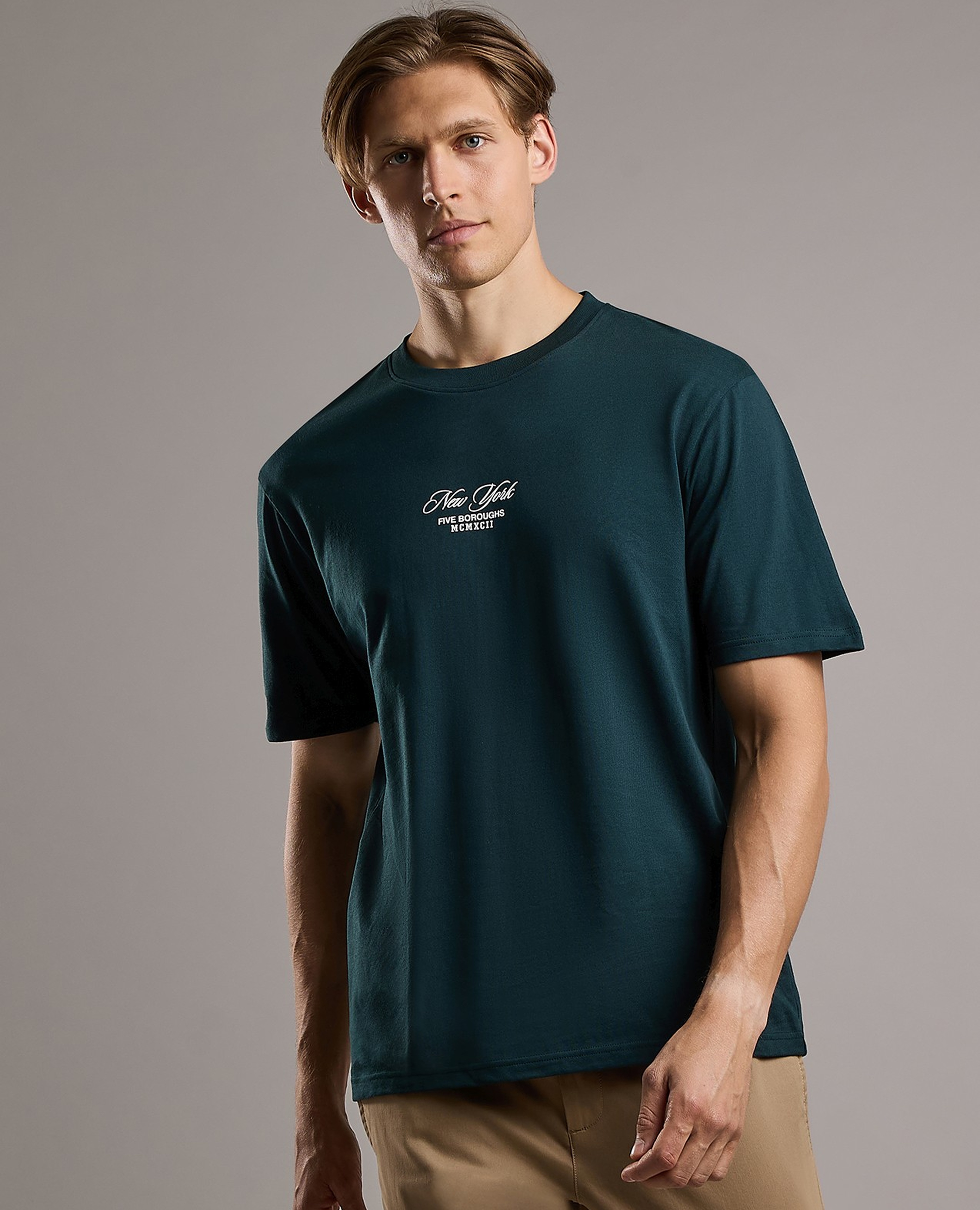 Typography Print T-Shirt with Crew Neck and Short Sleeves